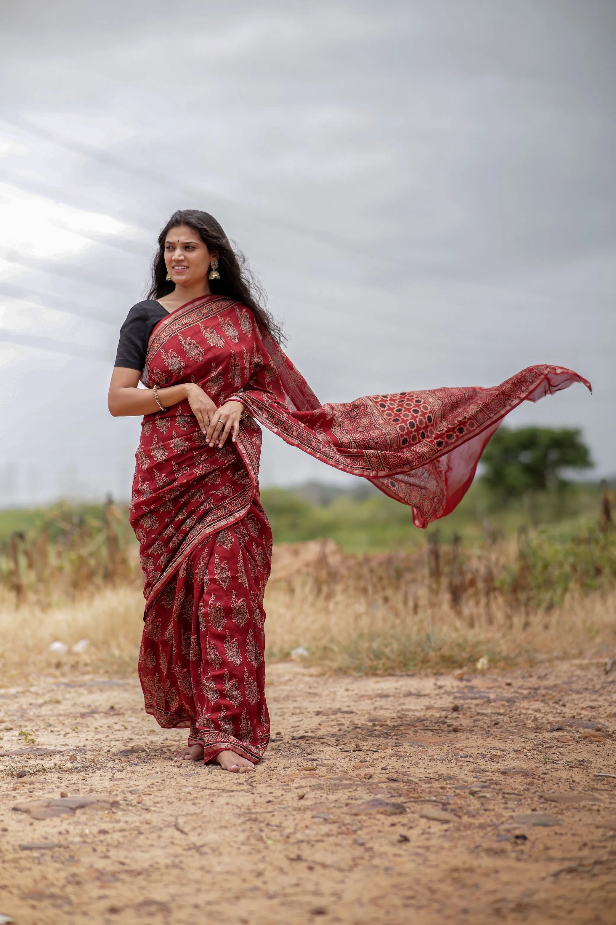 Jharokha -Red Mughal boota floral silk cotton Ajrakh handblockprinted saree