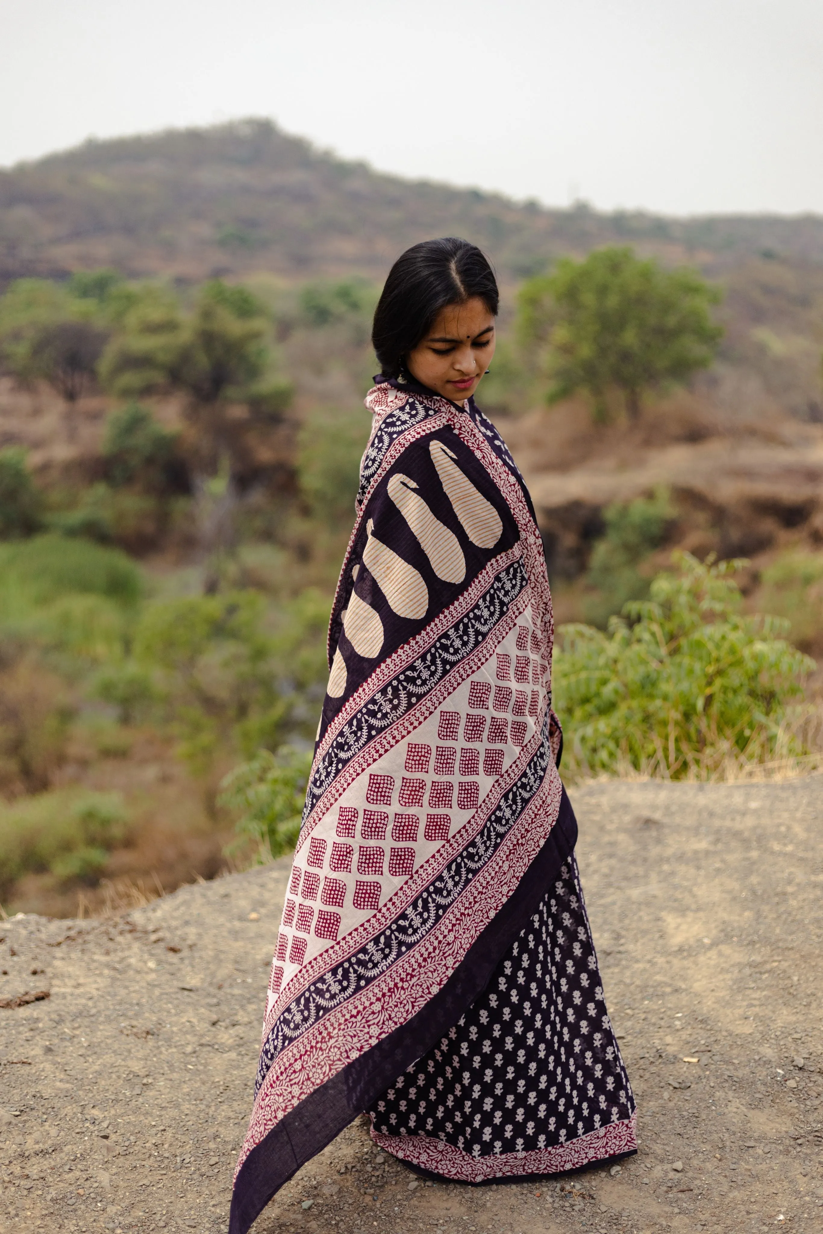 Kaisori Nandana Genda handblockprinted cotton saree