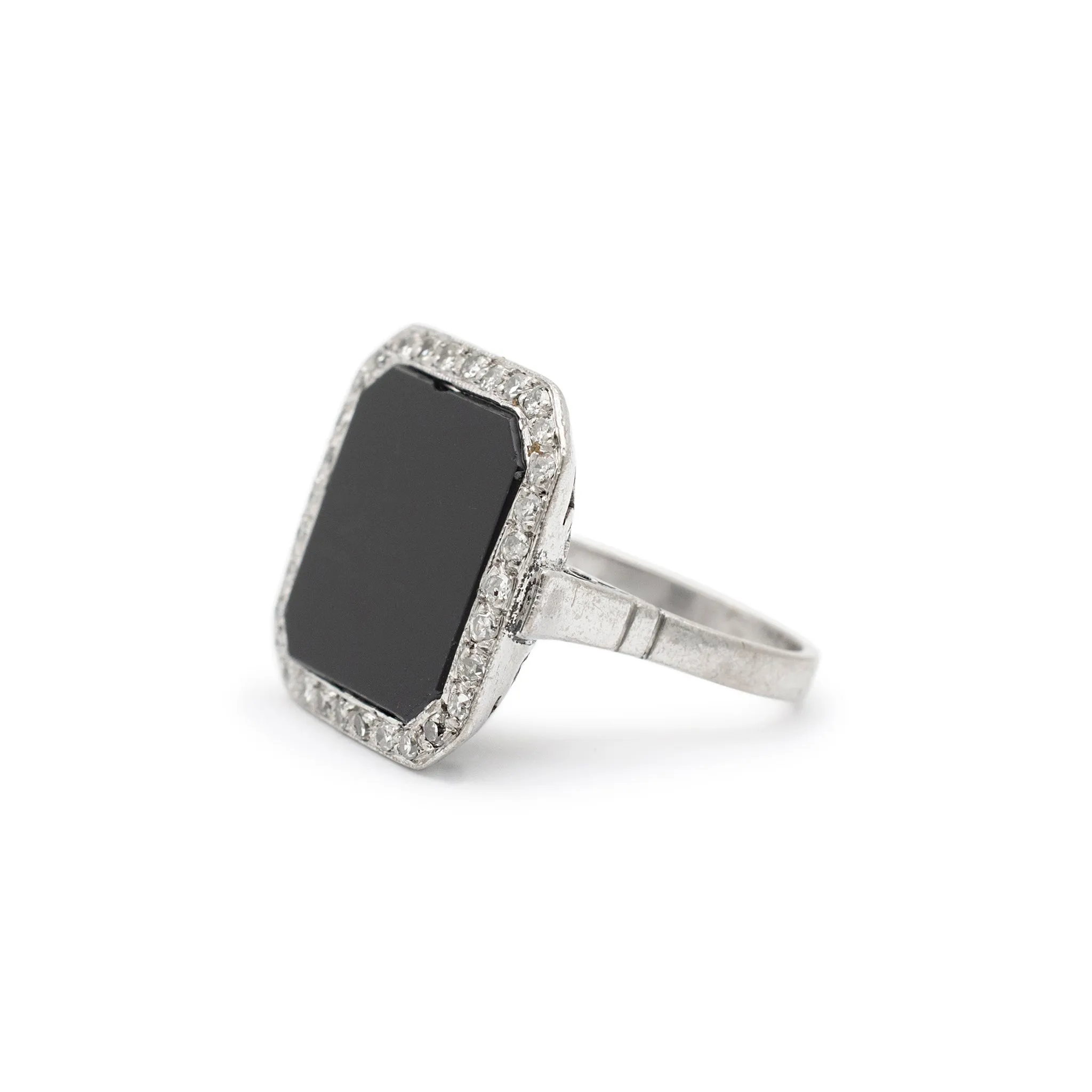 Ladies Antique Mixed Metals Silver Palladium and Rhodium Square Onyx Halo Diamond Cocktail Ring