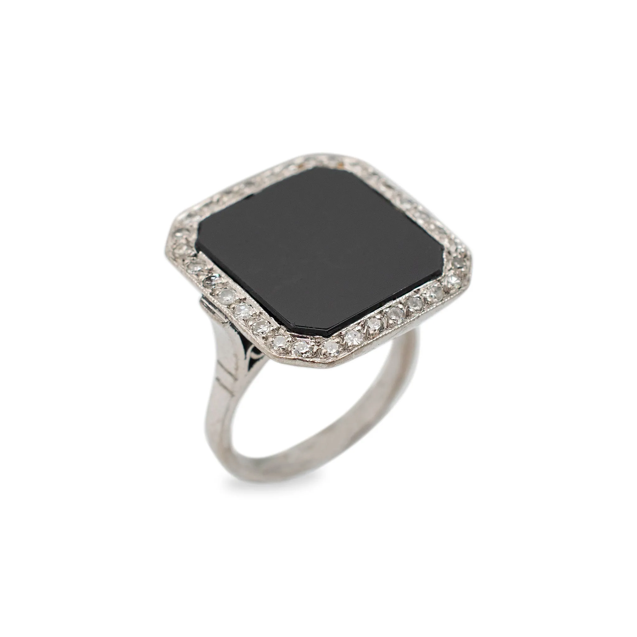 Ladies Antique Mixed Metals Silver Palladium and Rhodium Square Onyx Halo Diamond Cocktail Ring