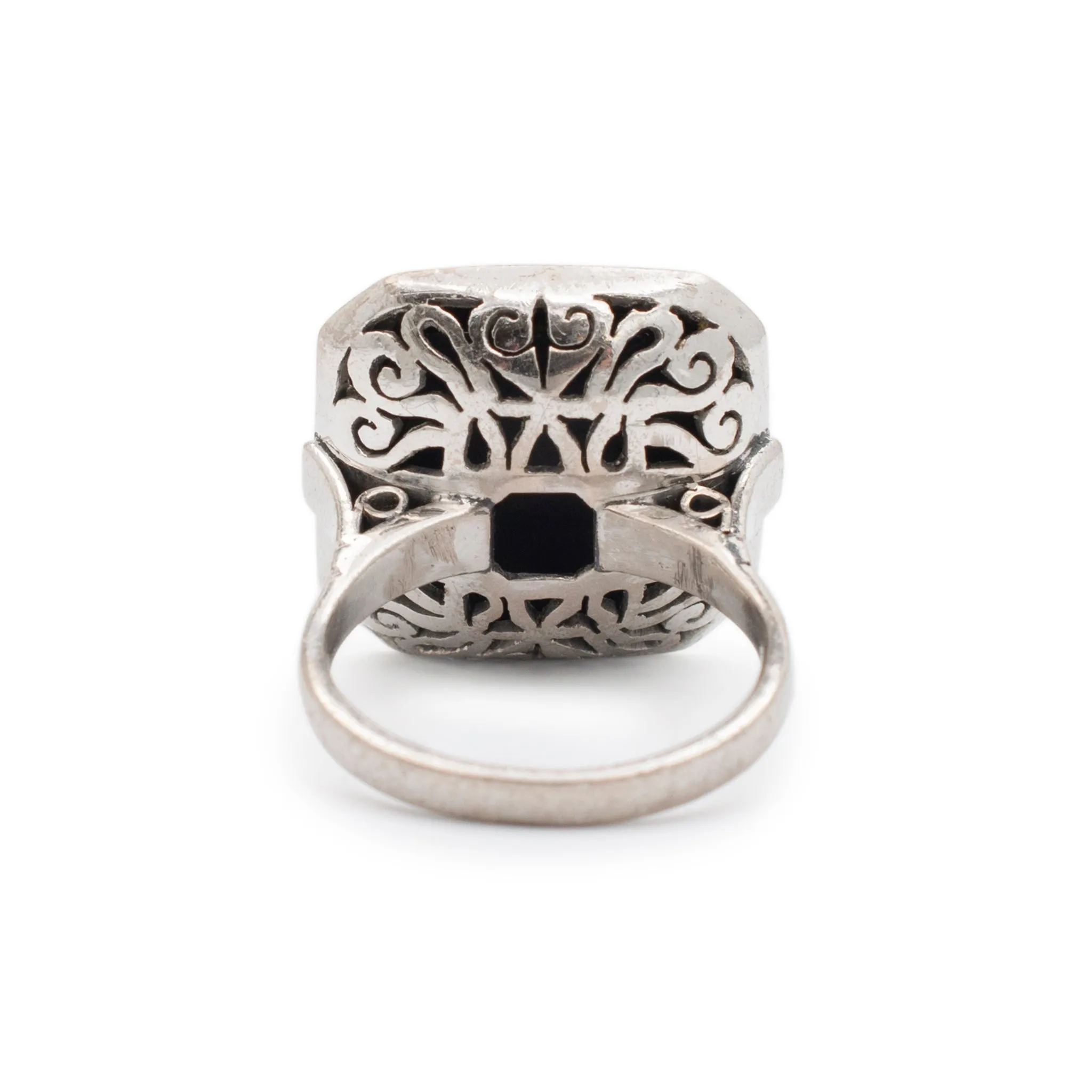 Ladies Antique Mixed Metals Silver Palladium and Rhodium Square Onyx Halo Diamond Cocktail Ring