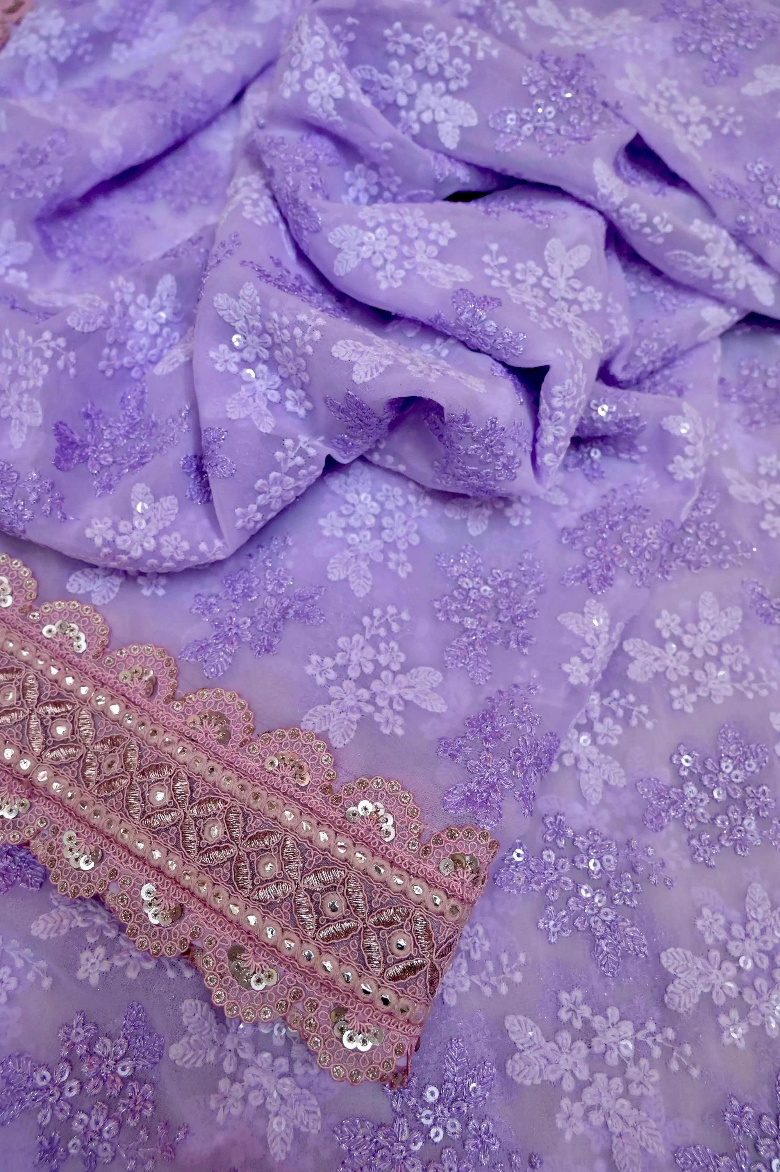 Lavender Color Designer Georgette with Chikankari Work and Sequin Lace Border