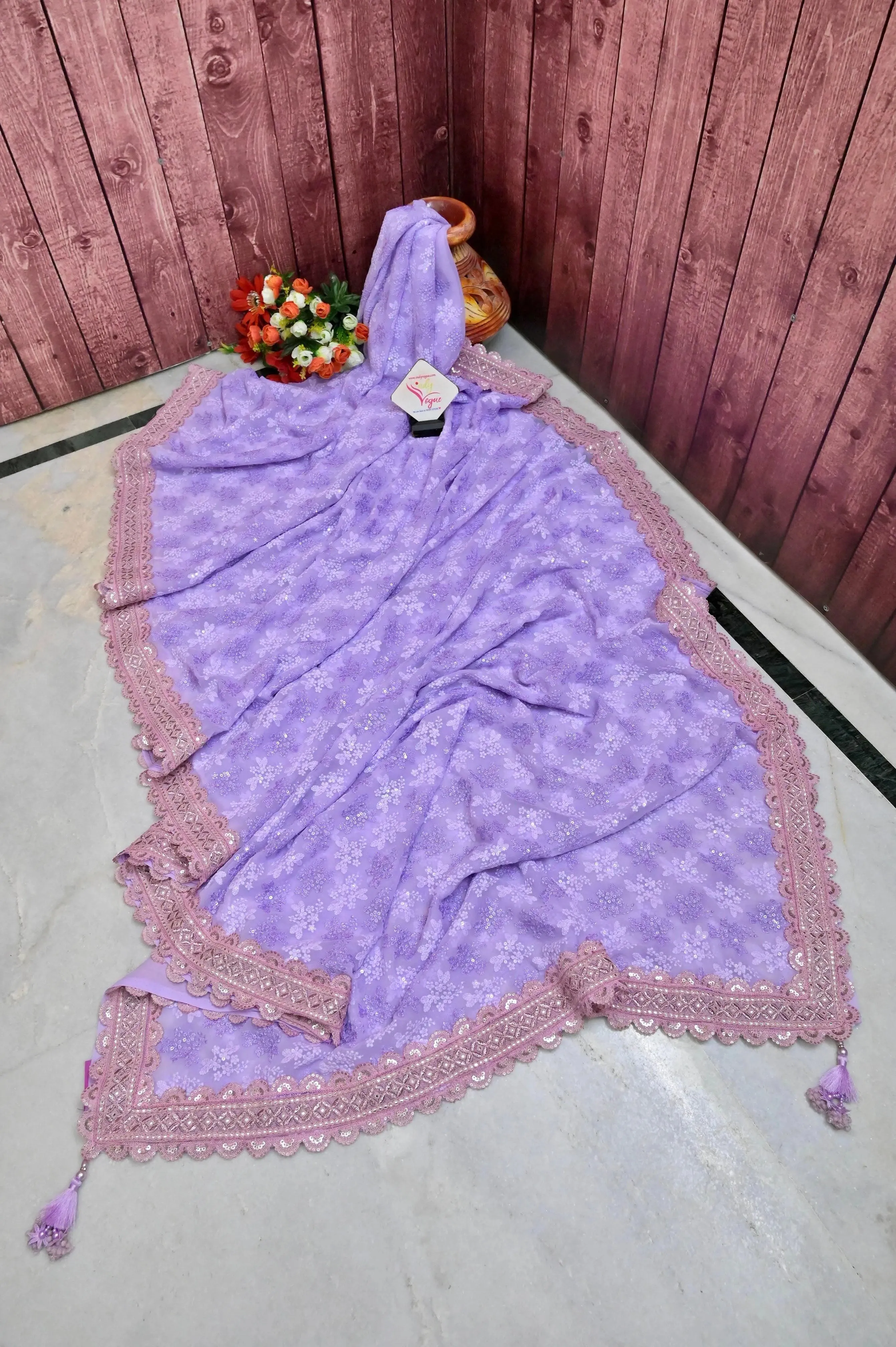 Lavender Color Designer Georgette with Chikankari Work and Sequin Lace Border