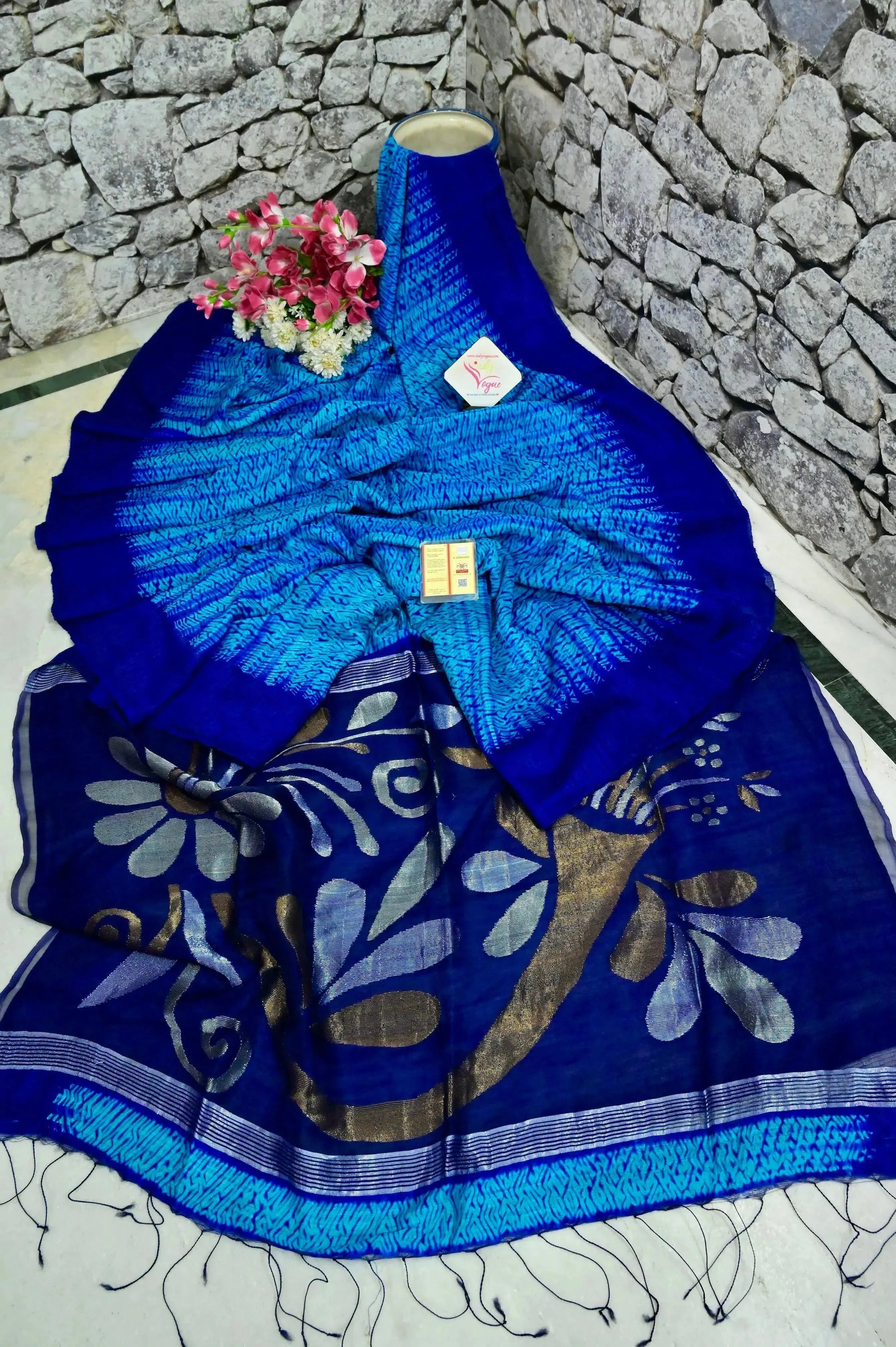 Light and Deep Blue Color Matka Saree with Shibori Dye Work and Muslin Jamdani Pallu