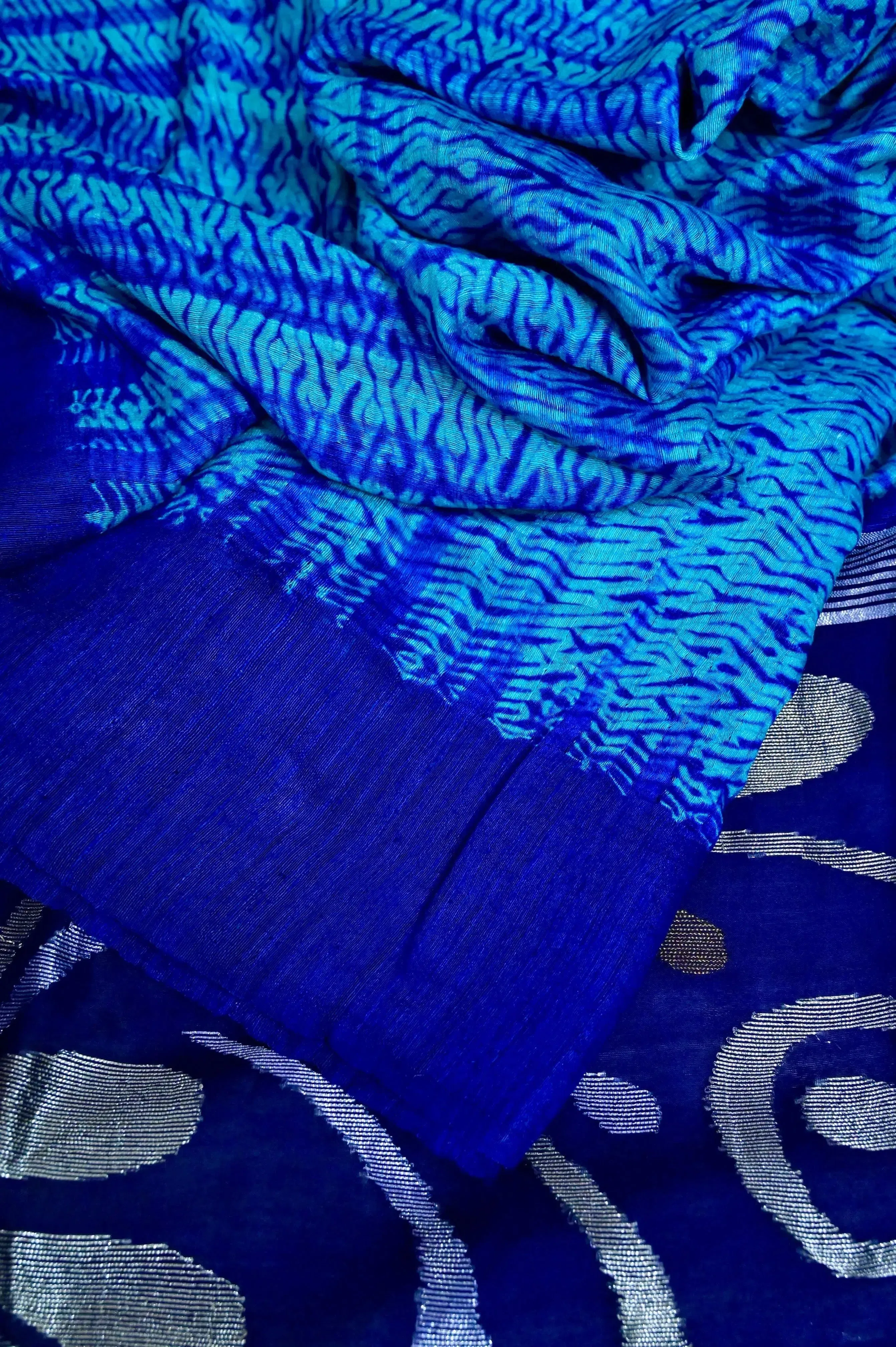 Light and Deep Blue Color Matka Saree with Shibori Dye Work and Muslin Jamdani Pallu