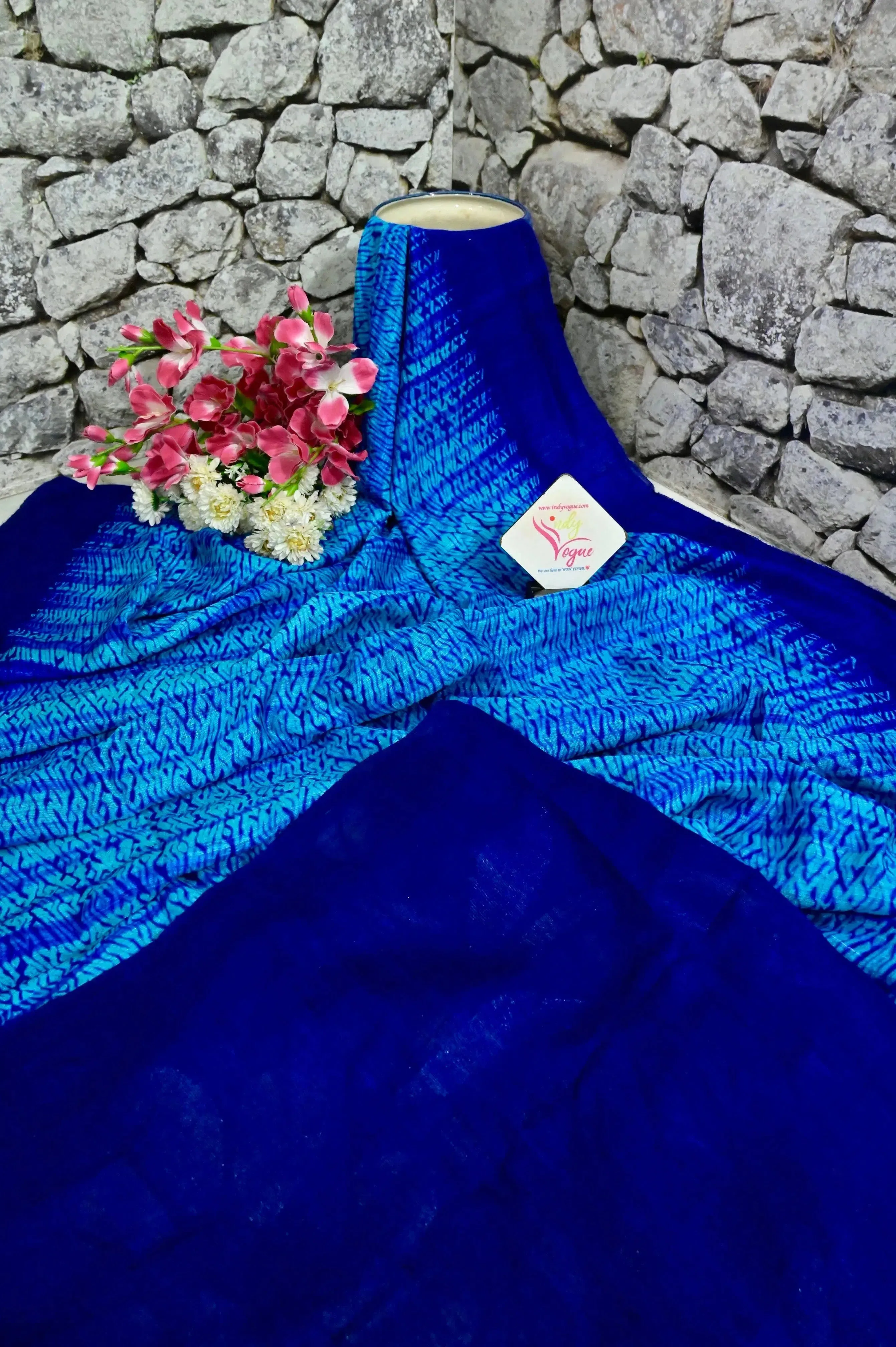 Light and Deep Blue Color Matka Saree with Shibori Dye Work and Muslin Jamdani Pallu