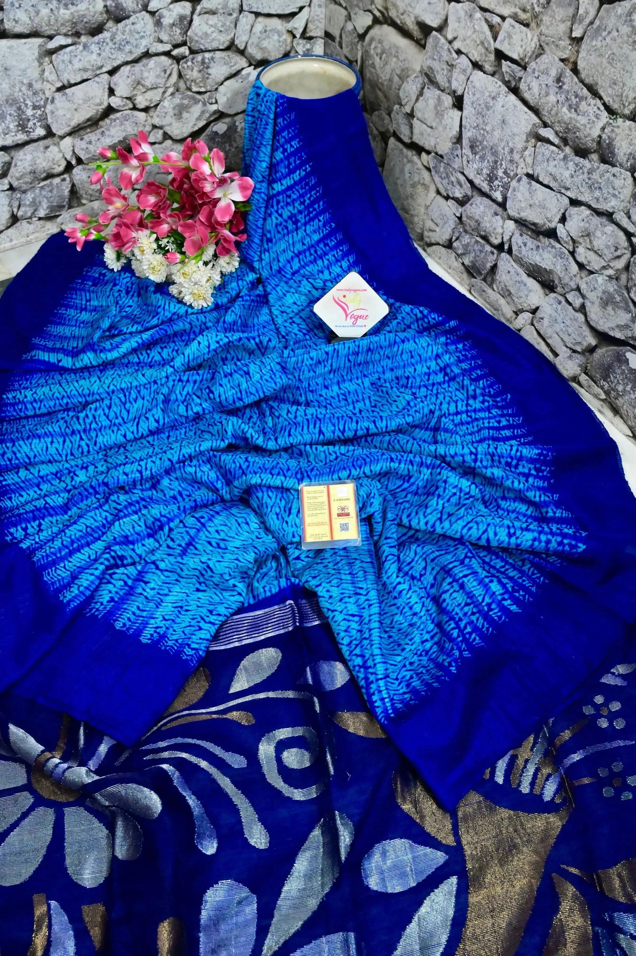 Light and Deep Blue Color Matka Saree with Shibori Dye Work and Muslin Jamdani Pallu