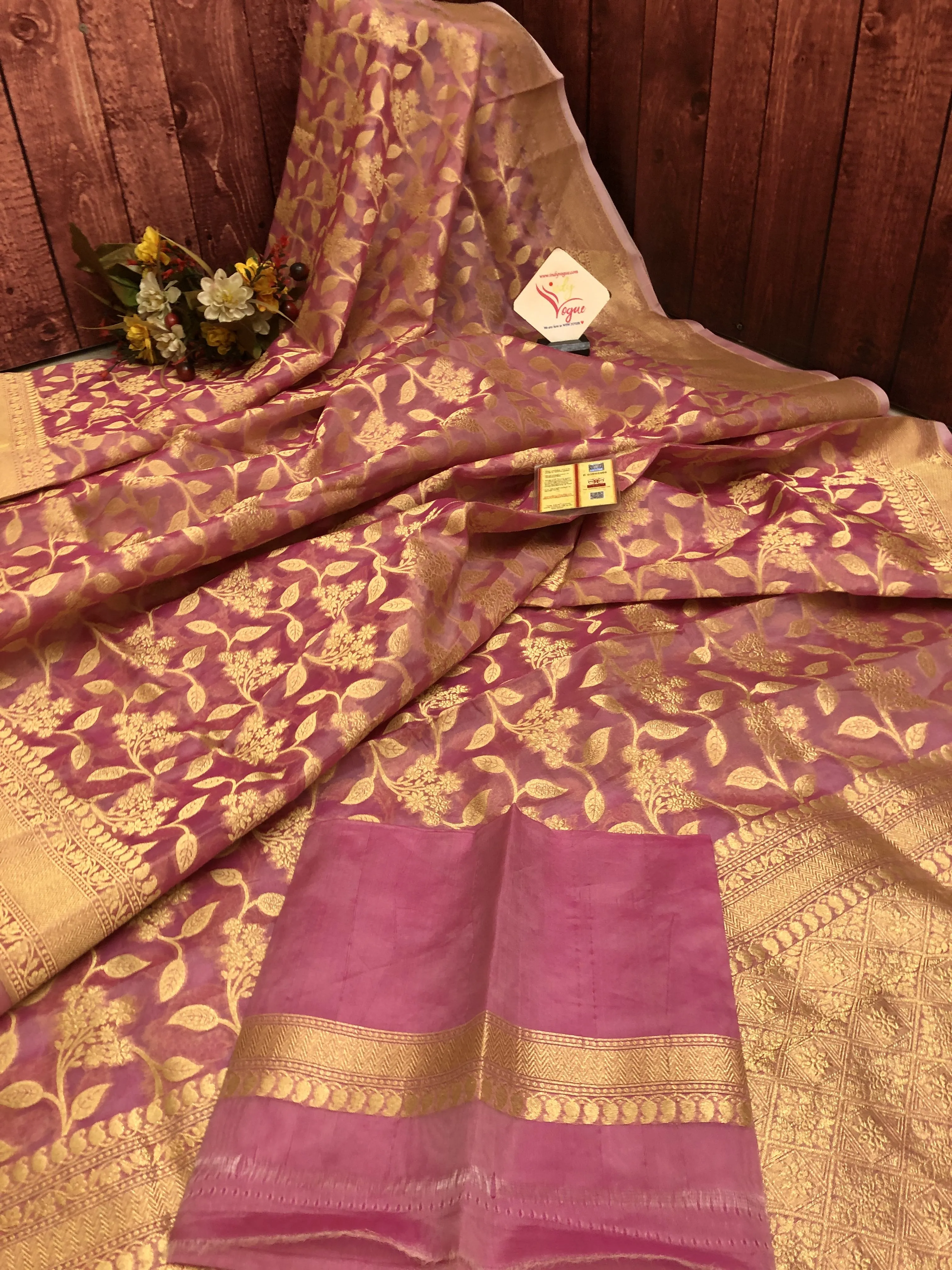 Light Punch Pink Color Organza Banarasi Saree