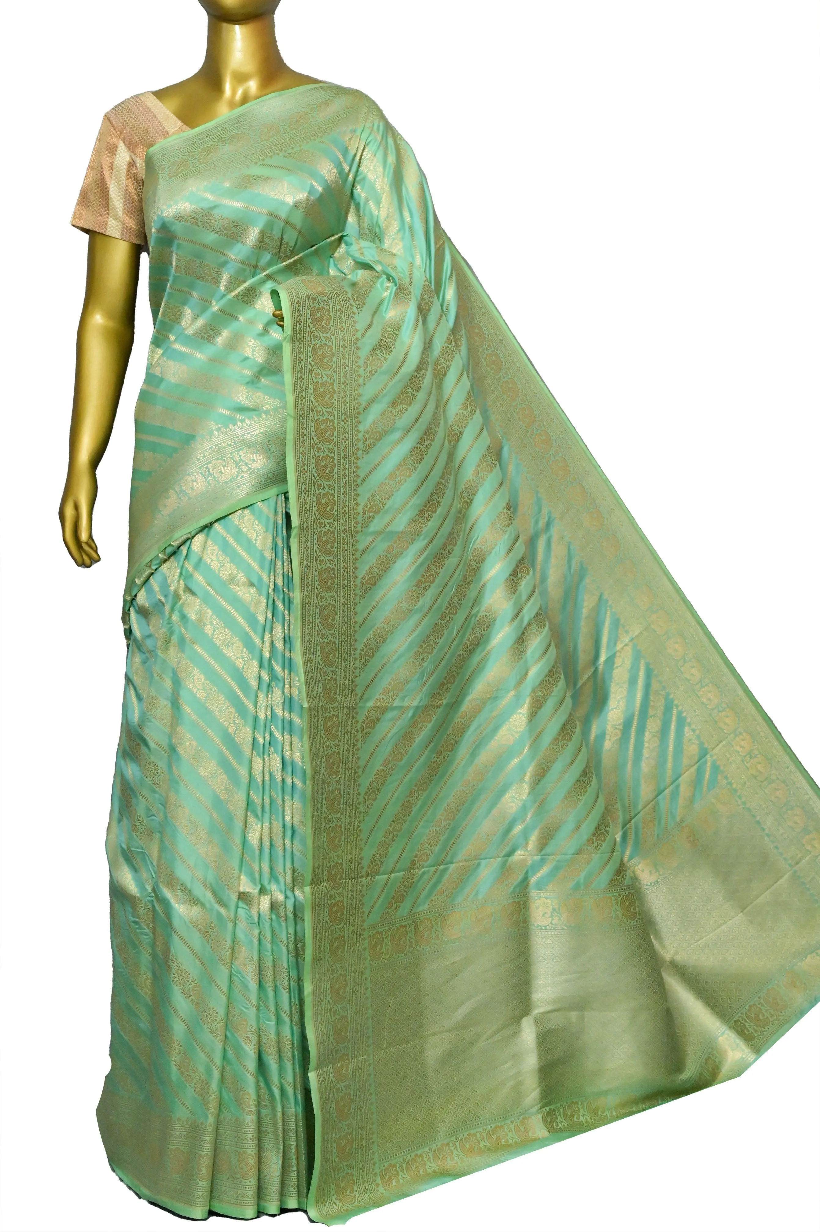 Light Sea Green Color Pure Katan Bangalore Silk Saree with Zari Stripes Work