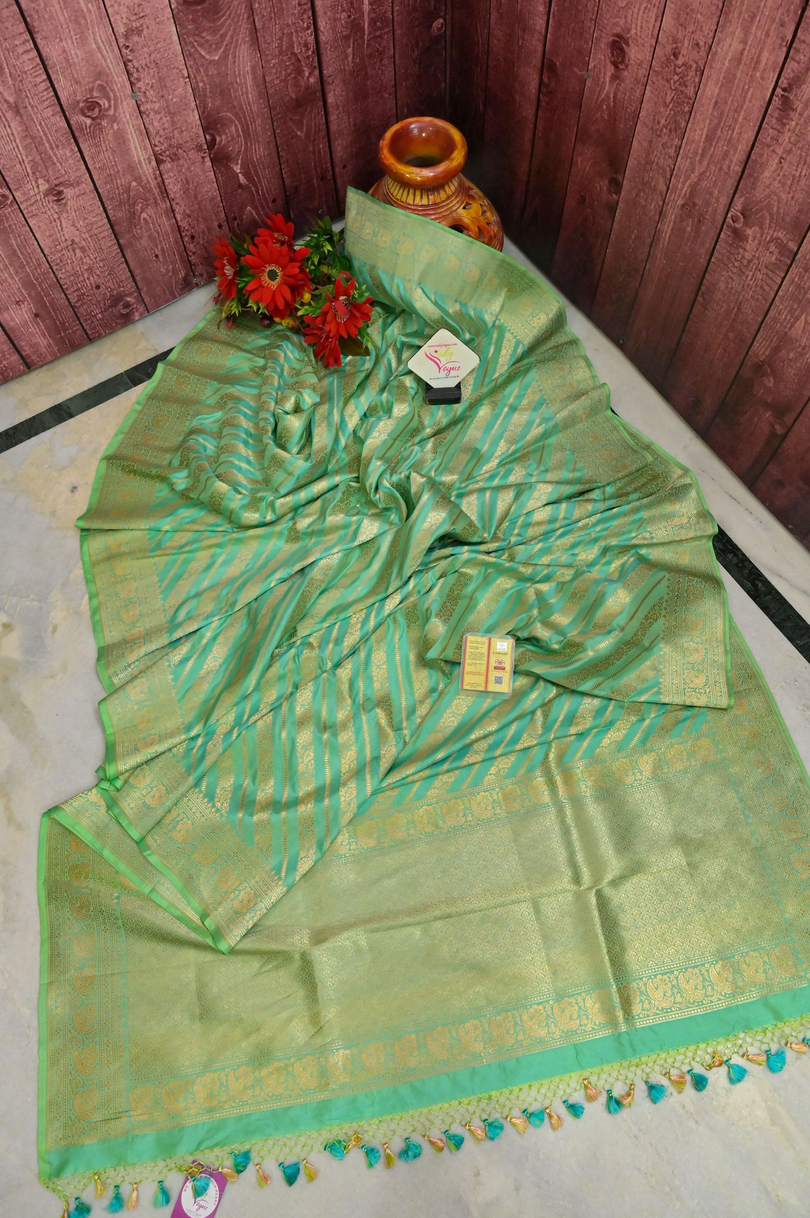 Light Sea Green Color Pure Katan Bangalore Silk Saree with Zari Stripes Work