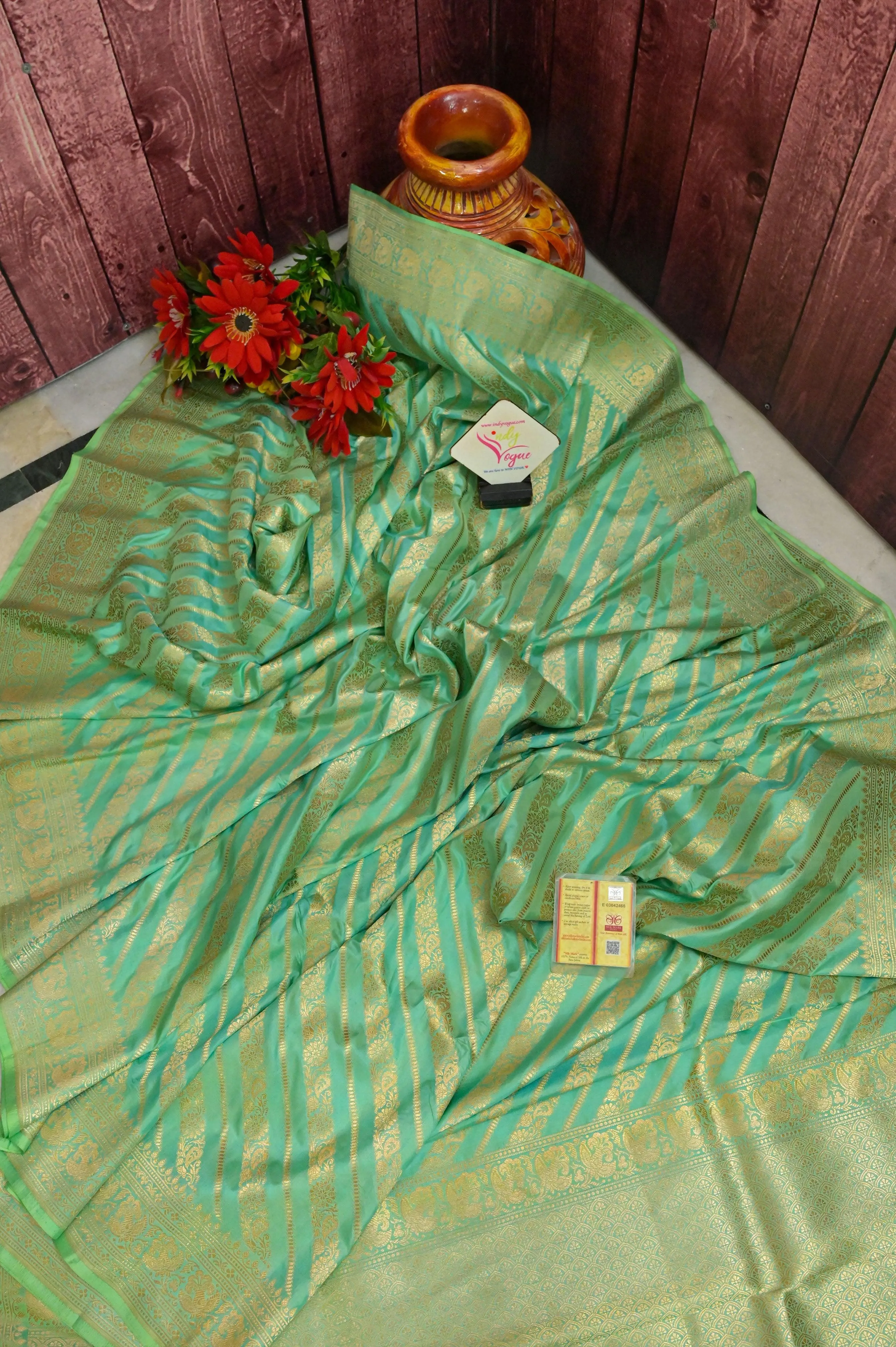 Light Sea Green Color Pure Katan Bangalore Silk Saree with Zari Stripes Work