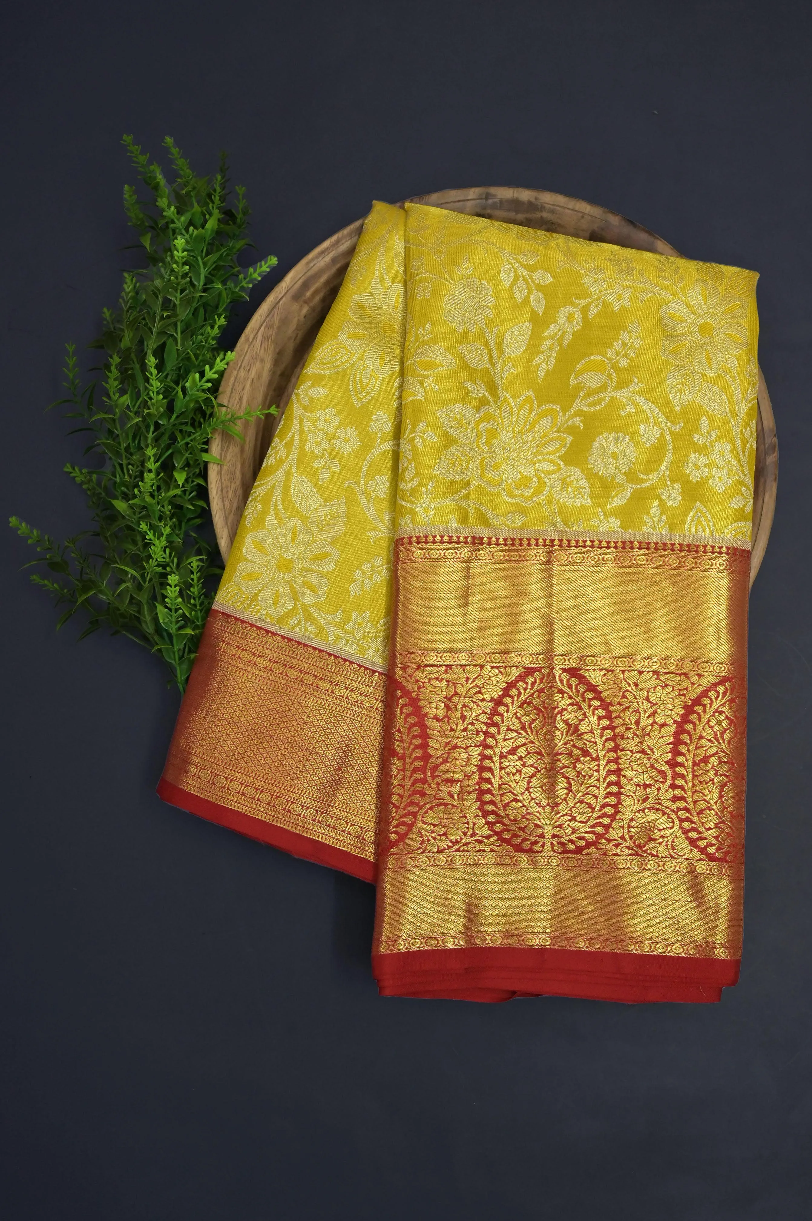 Lime Yellow and Red Color Pure Brocade Kanjeevaram Silk Saree with Broad Border