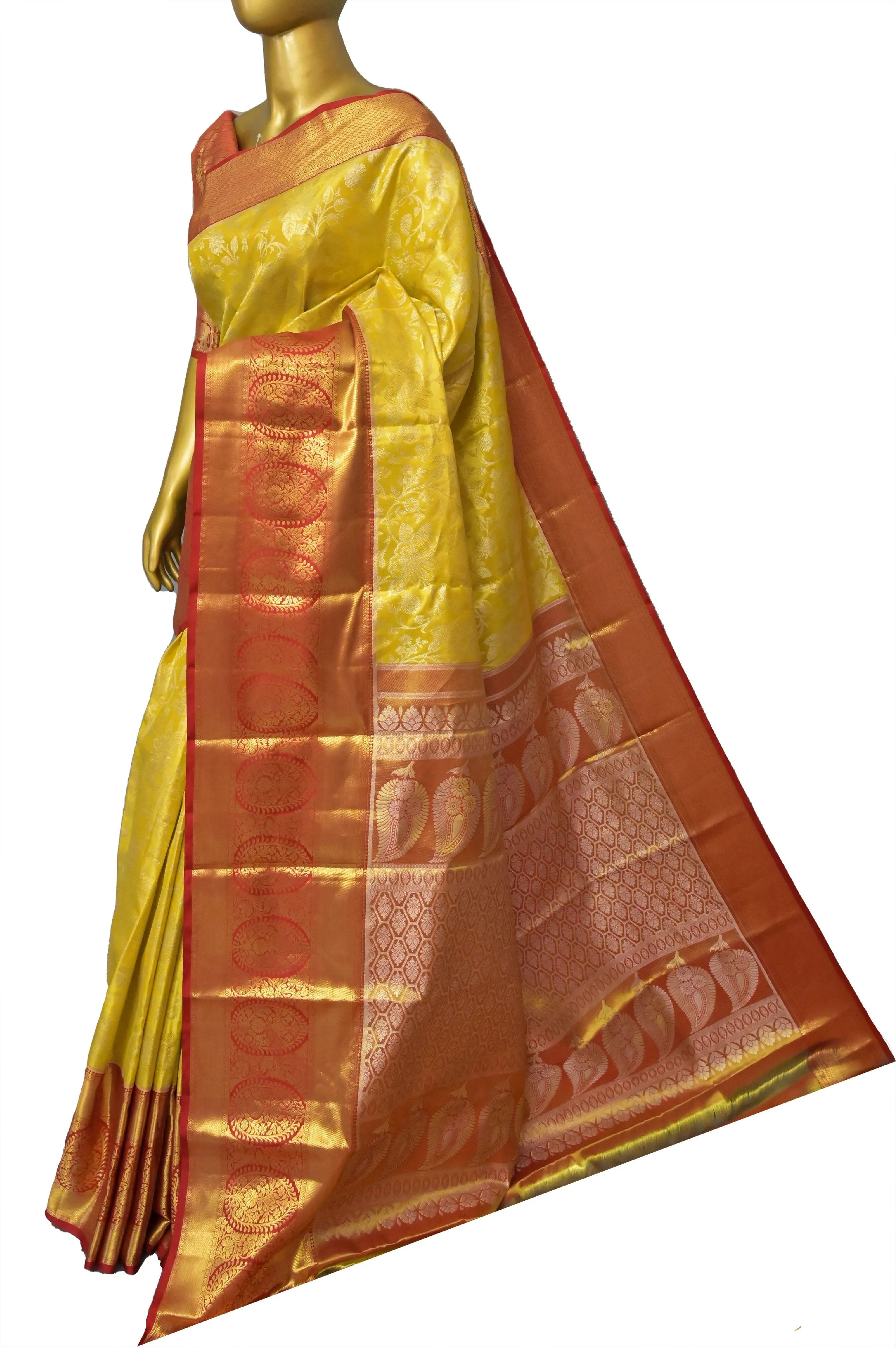 Lime Yellow and Red Color Pure Brocade Kanjeevaram Silk Saree with Broad Border