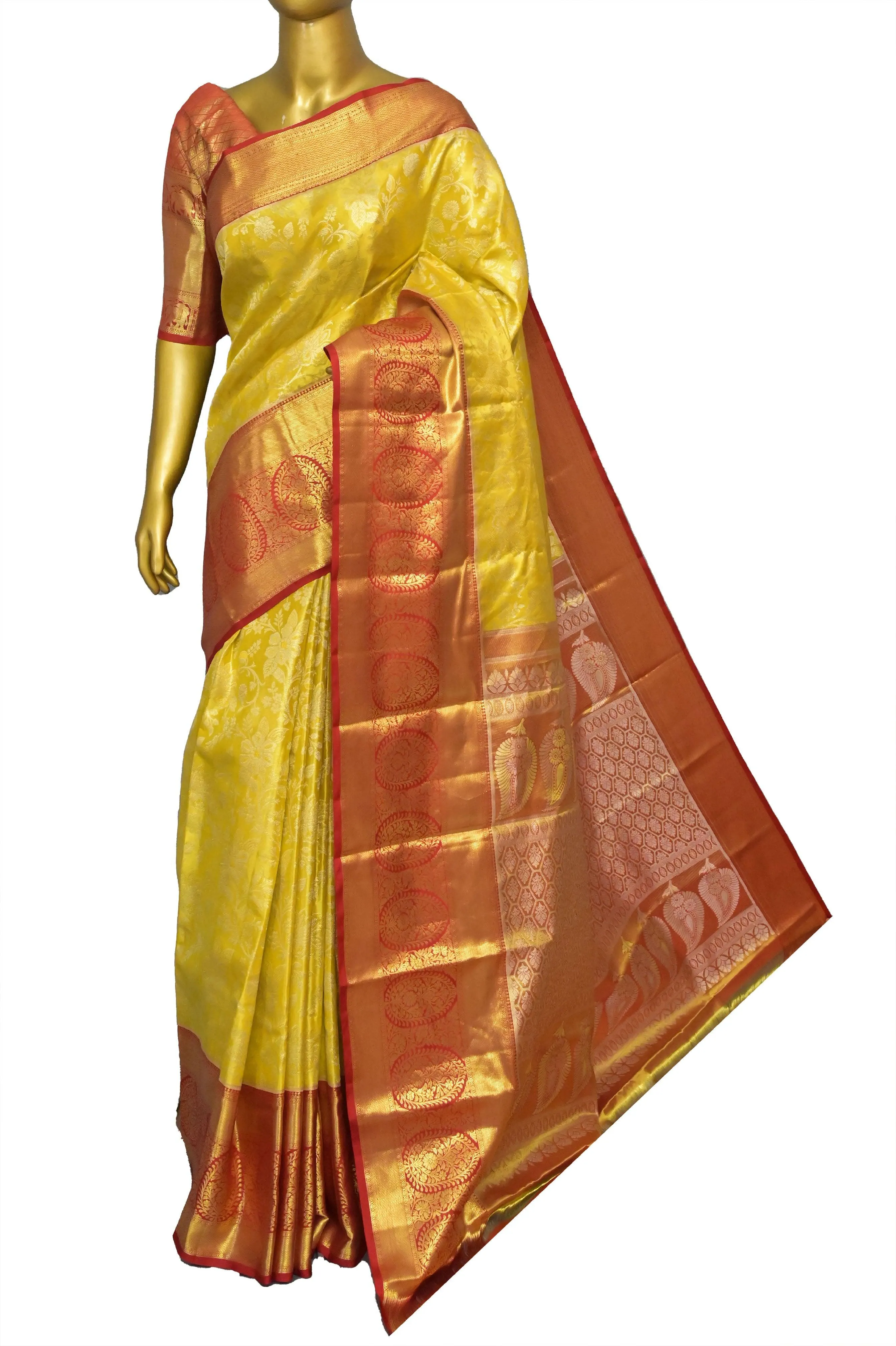 Lime Yellow and Red Color Pure Brocade Kanjeevaram Silk Saree with Broad Border