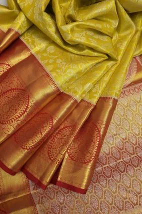 Lime Yellow and Red Color Pure Brocade Kanjeevaram Silk Saree with Broad Border