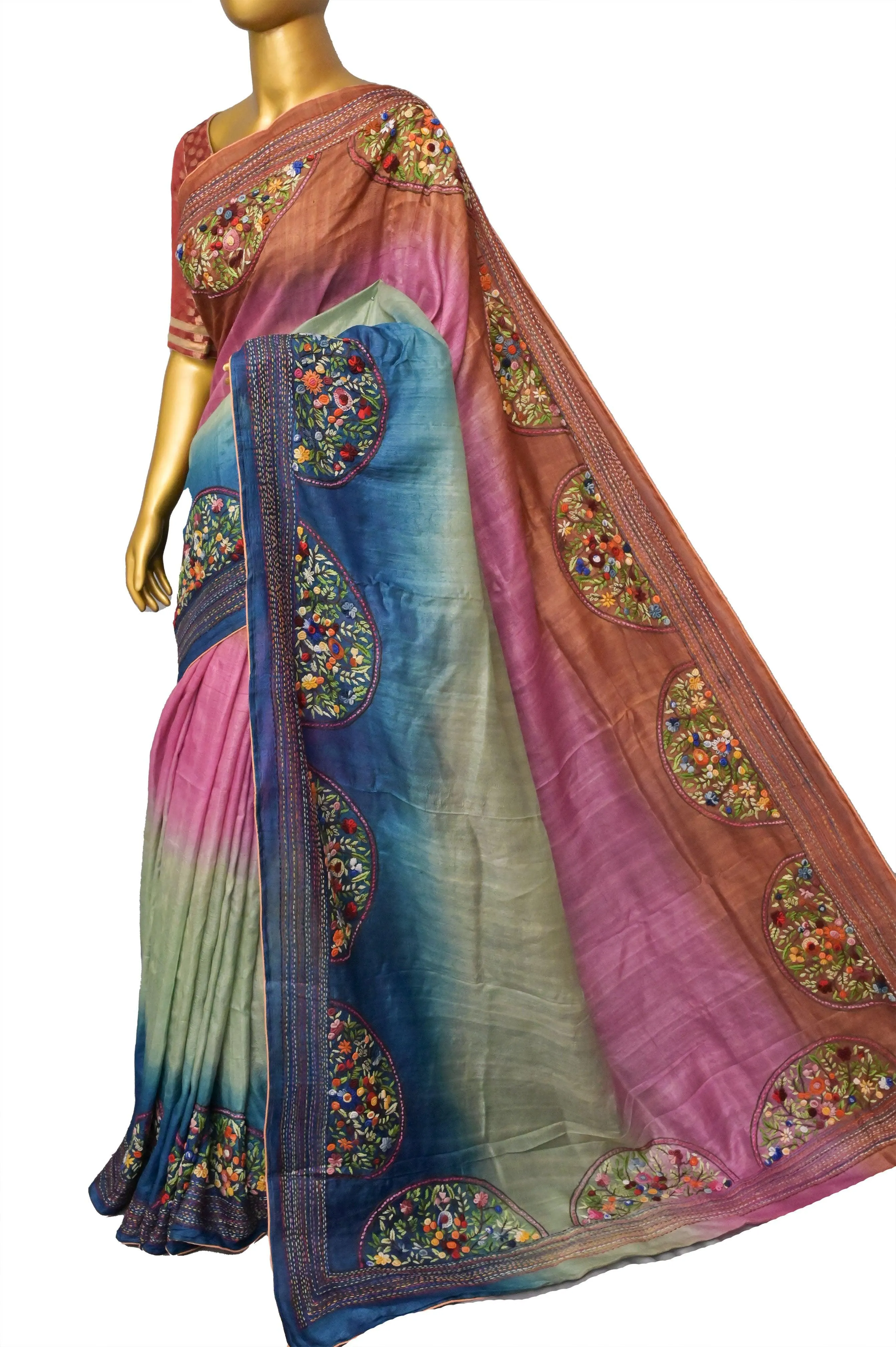 Multicolor Pure Tussar Hand Embroidered Saree with French Knot and Bullion