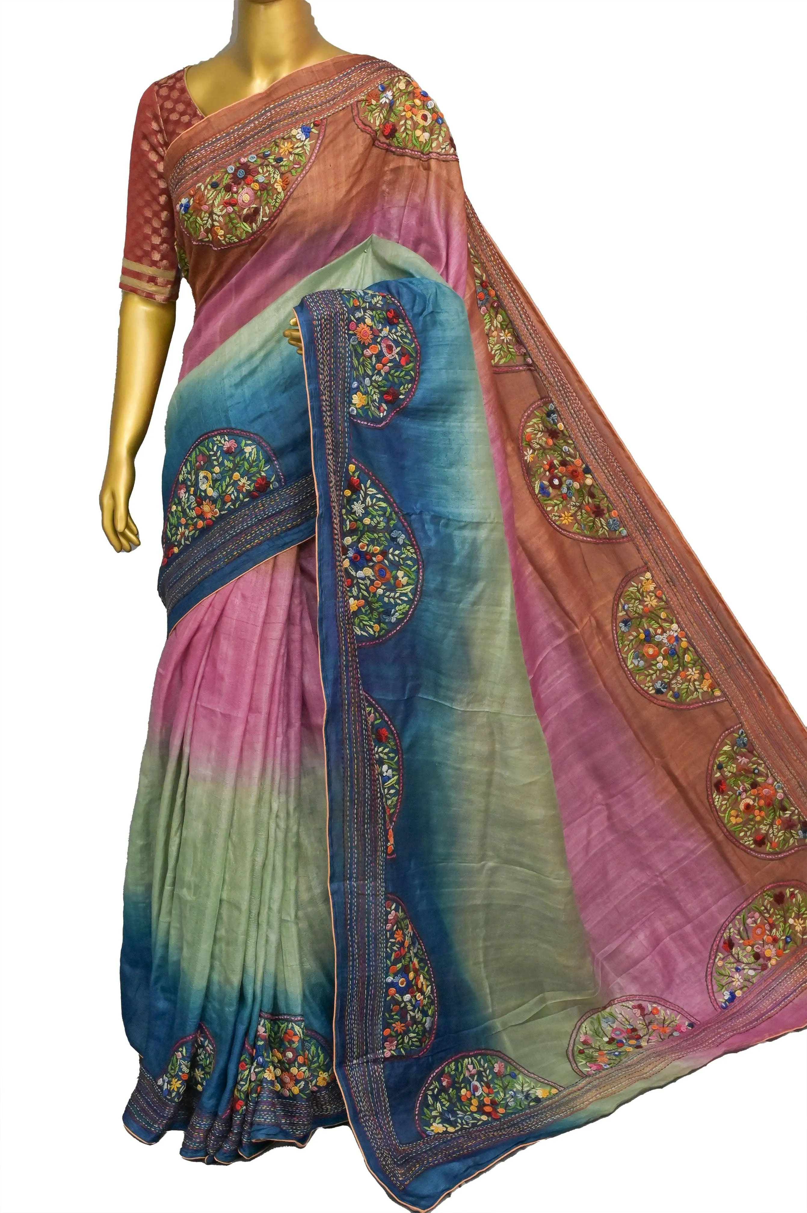 Multicolor Pure Tussar Hand Embroidered Saree with French Knot and Bullion