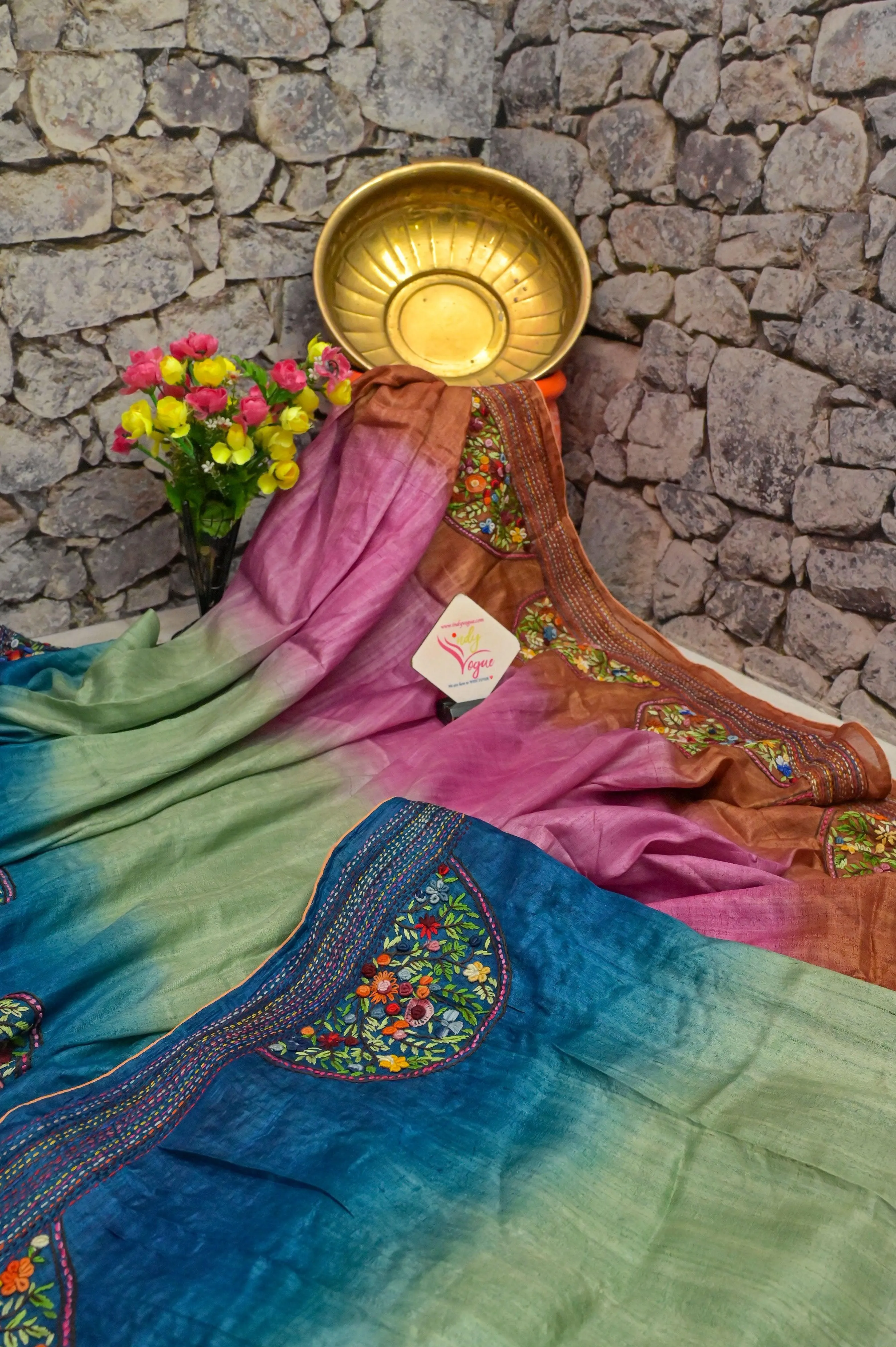 Multicolor Pure Tussar Hand Embroidered Saree with French Knot and Bullion