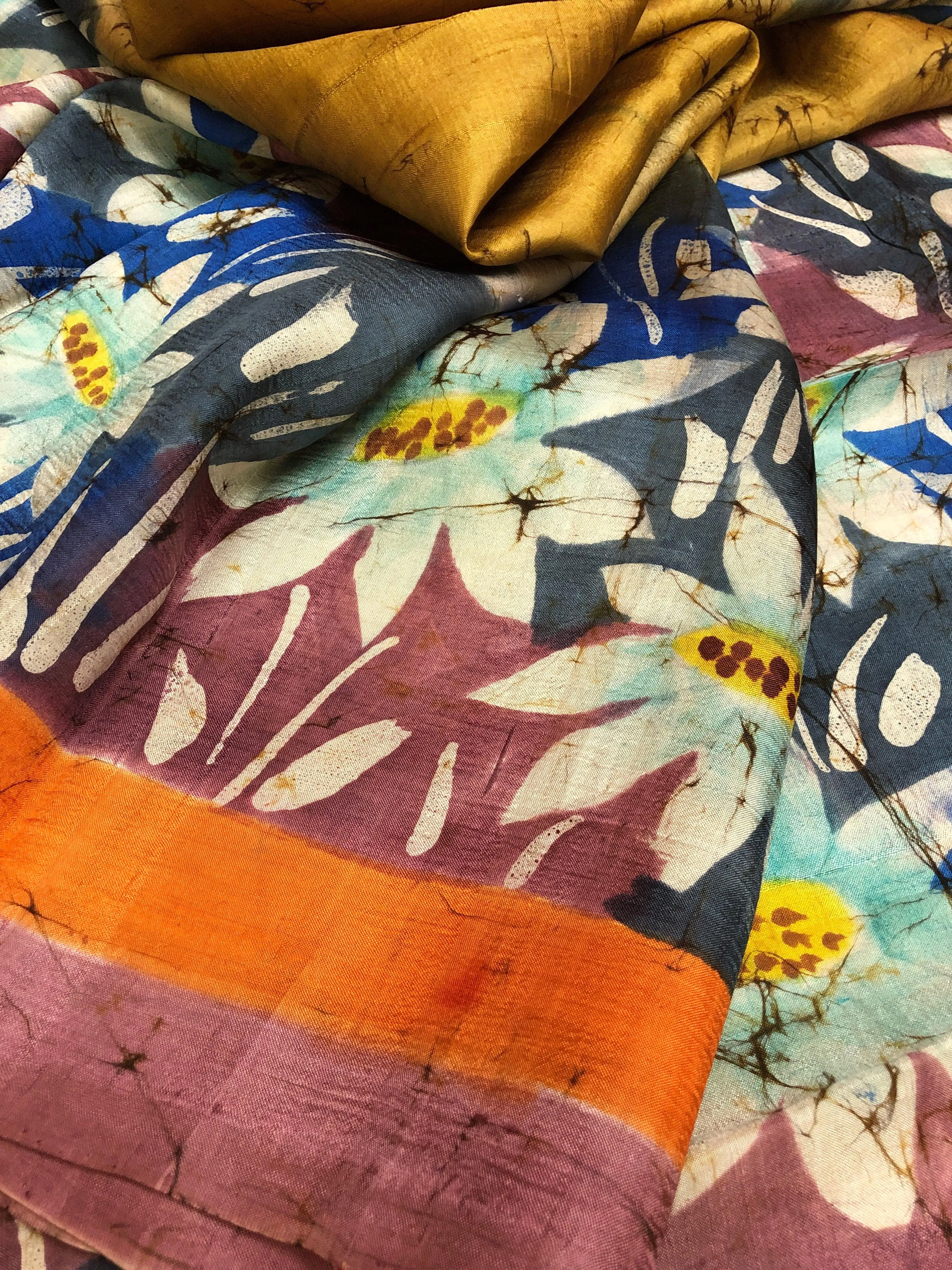 Mustard Color Pure Bishnupur Silk Saree with Hand Batik Work