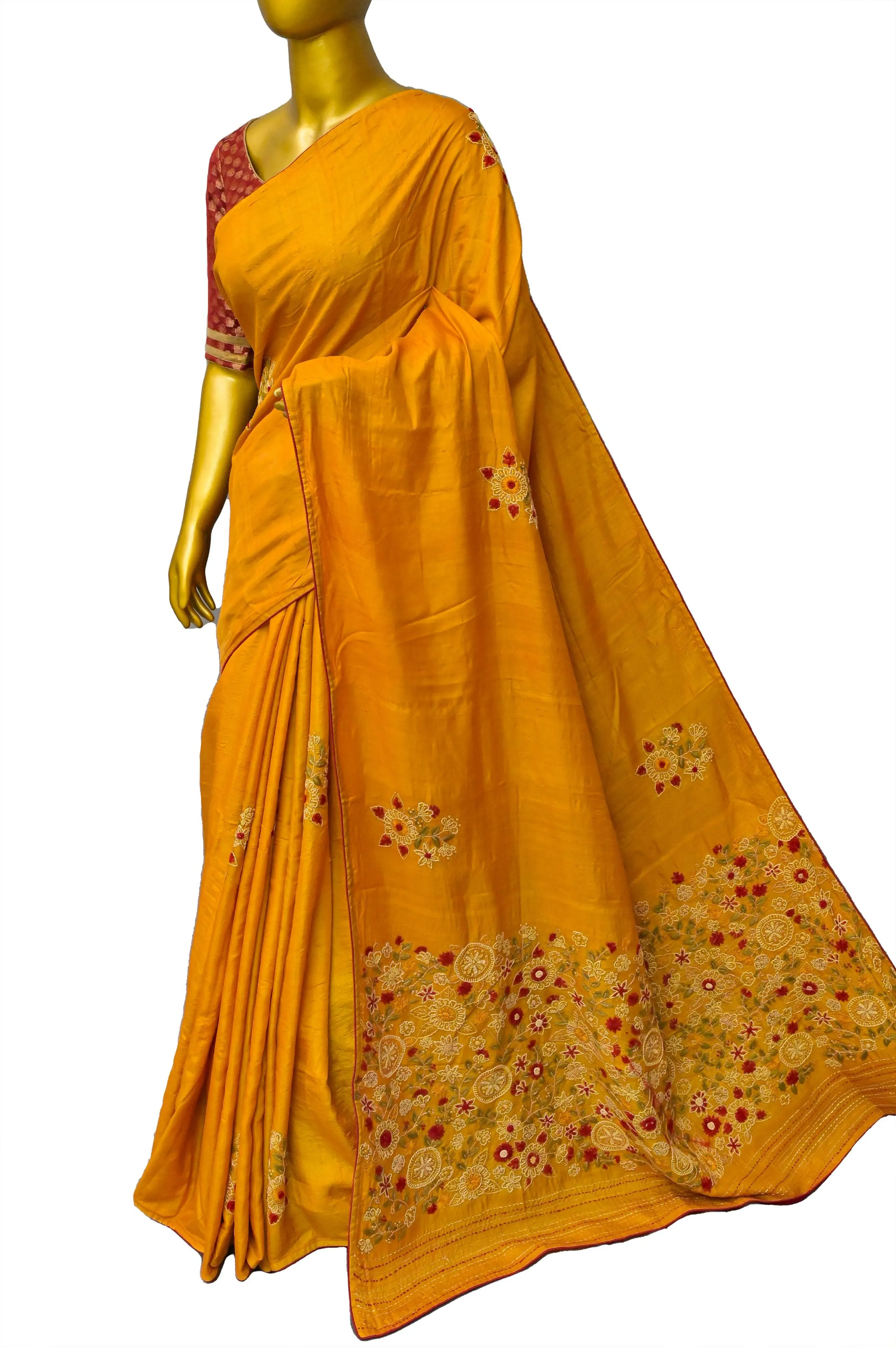 Mustard Yellow Color Pure Tussar Silk with Hand Embroidery