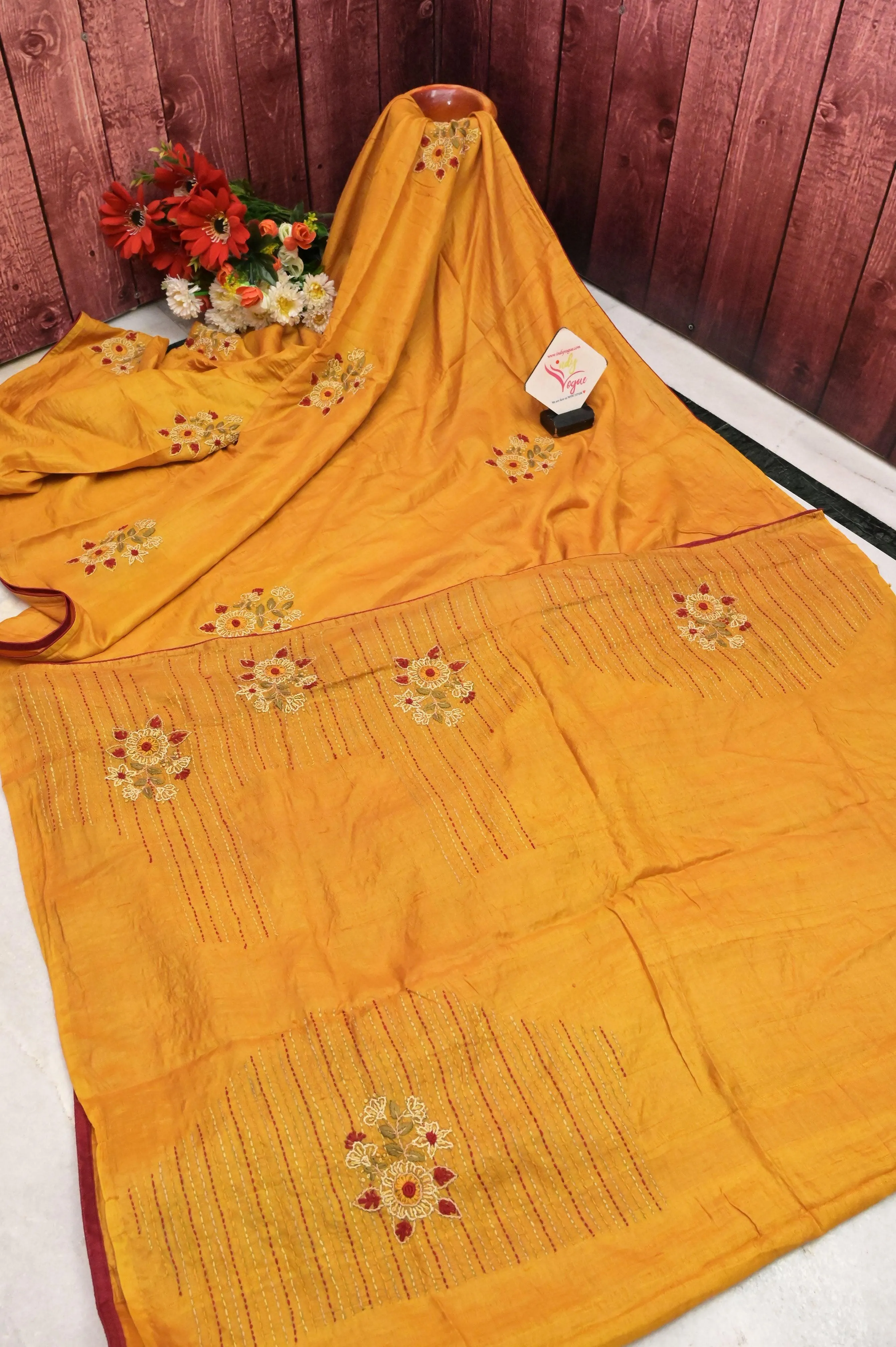 Mustard Yellow Color Pure Tussar Silk with Hand Embroidery