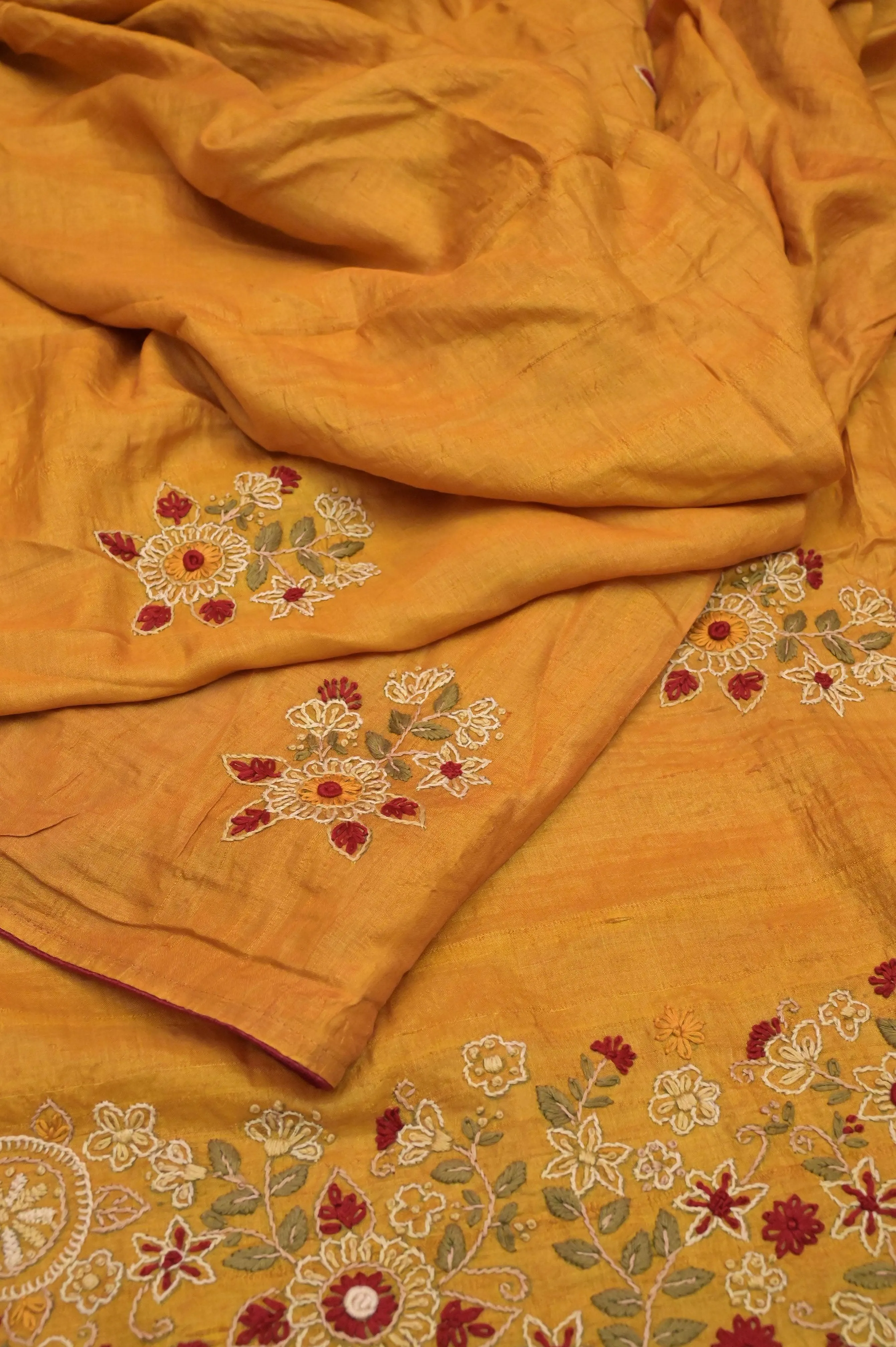 Mustard Yellow Color Pure Tussar Silk with Hand Embroidery