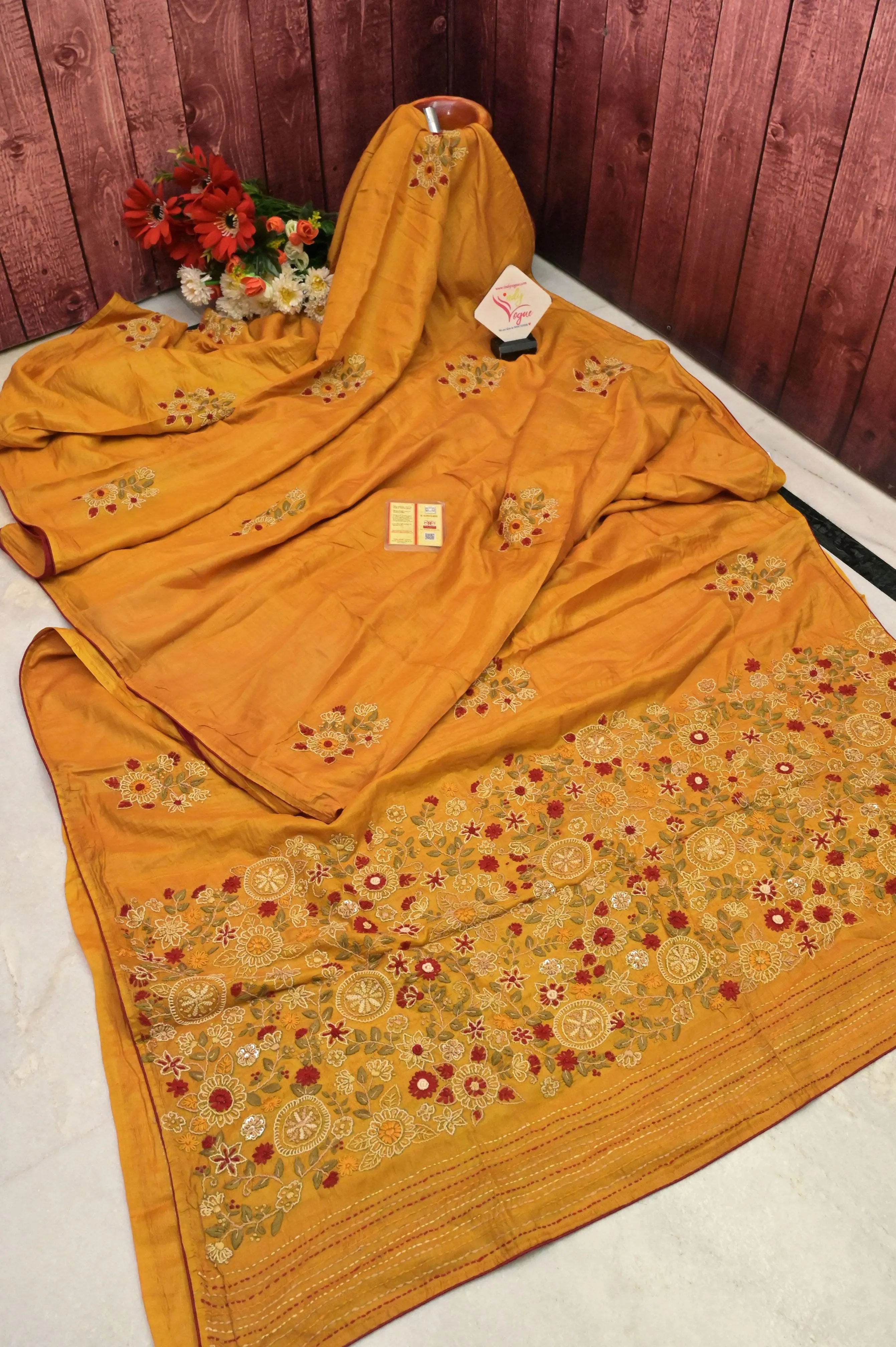 Mustard Yellow Color Pure Tussar Silk with Hand Embroidery