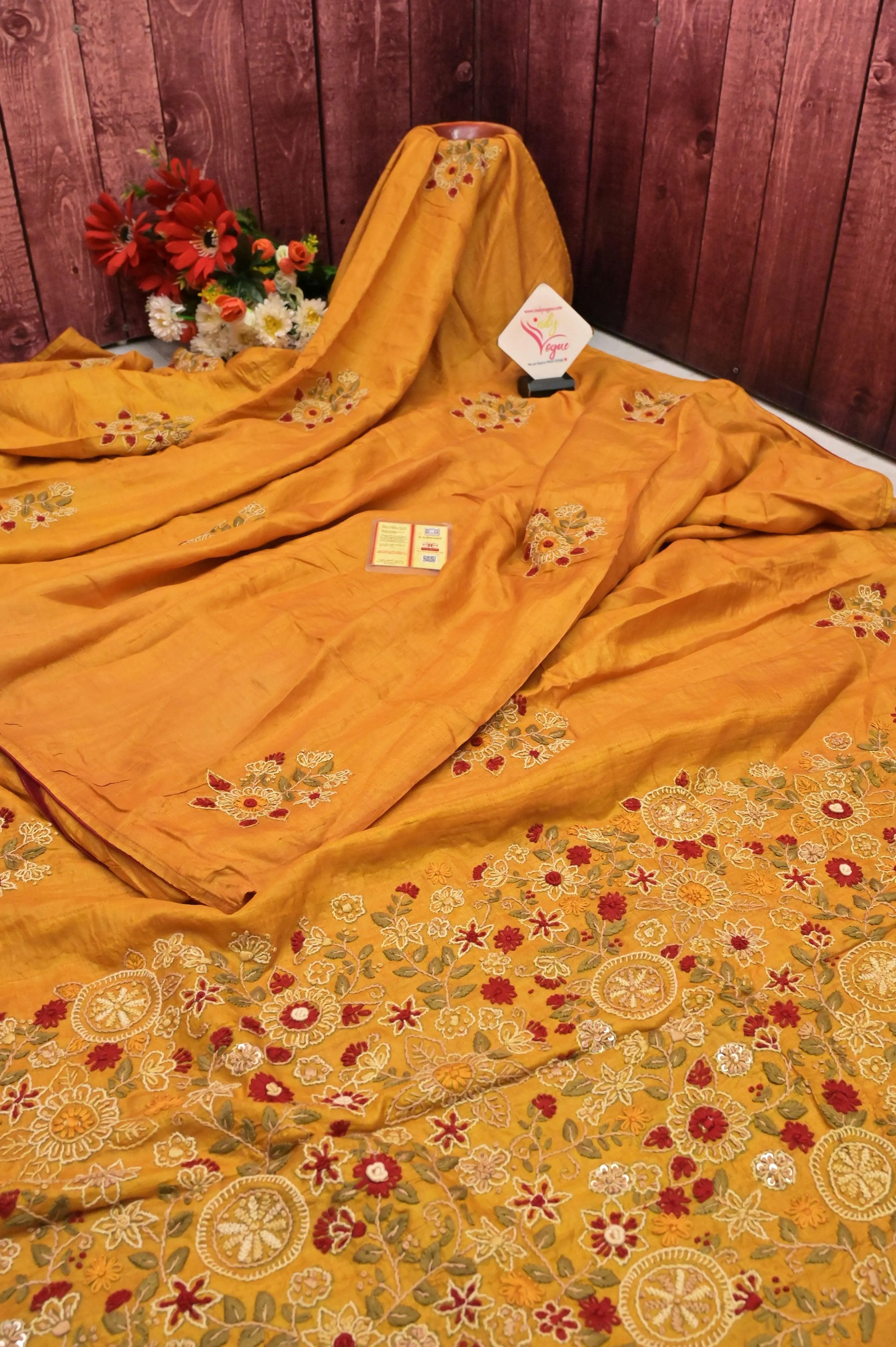 Mustard Yellow Color Pure Tussar Silk with Hand Embroidery