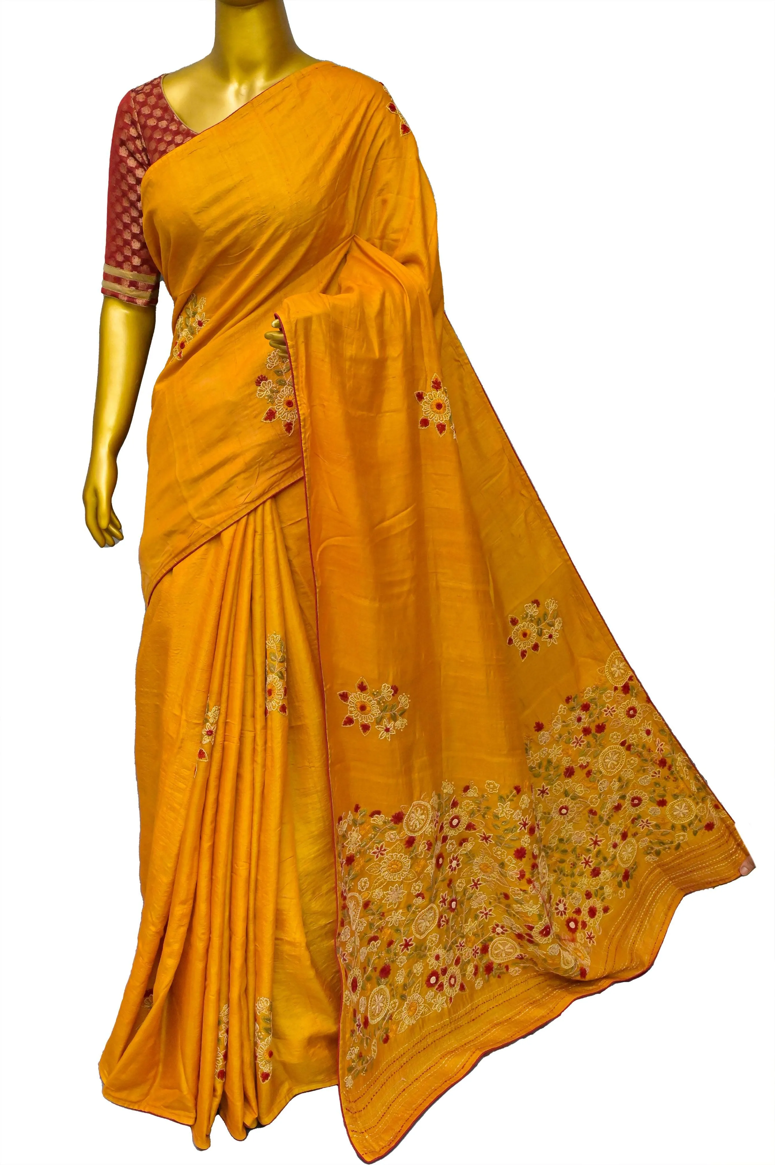 Mustard Yellow Color Pure Tussar Silk with Hand Embroidery