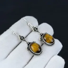 Natural Amazing Tiger Eye Gemstone 925 Sterling Silver Handmade Earrings