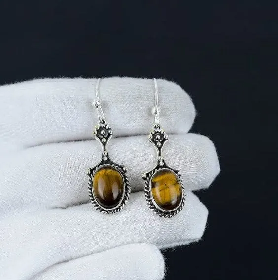 Natural Amazing Tiger Eye Gemstone 925 Sterling Silver Handmade Earrings