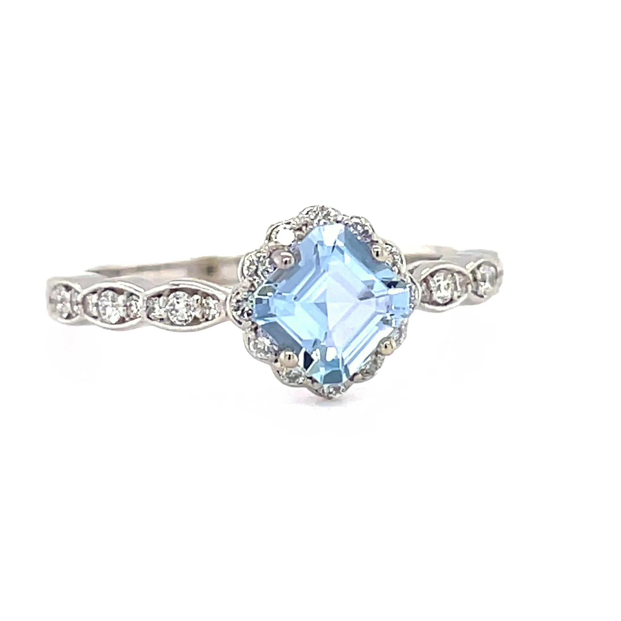 Natural Aquamarine Engagement Ring Vintage Style Asscher Cut Aquamarine Ring Diamond Halo