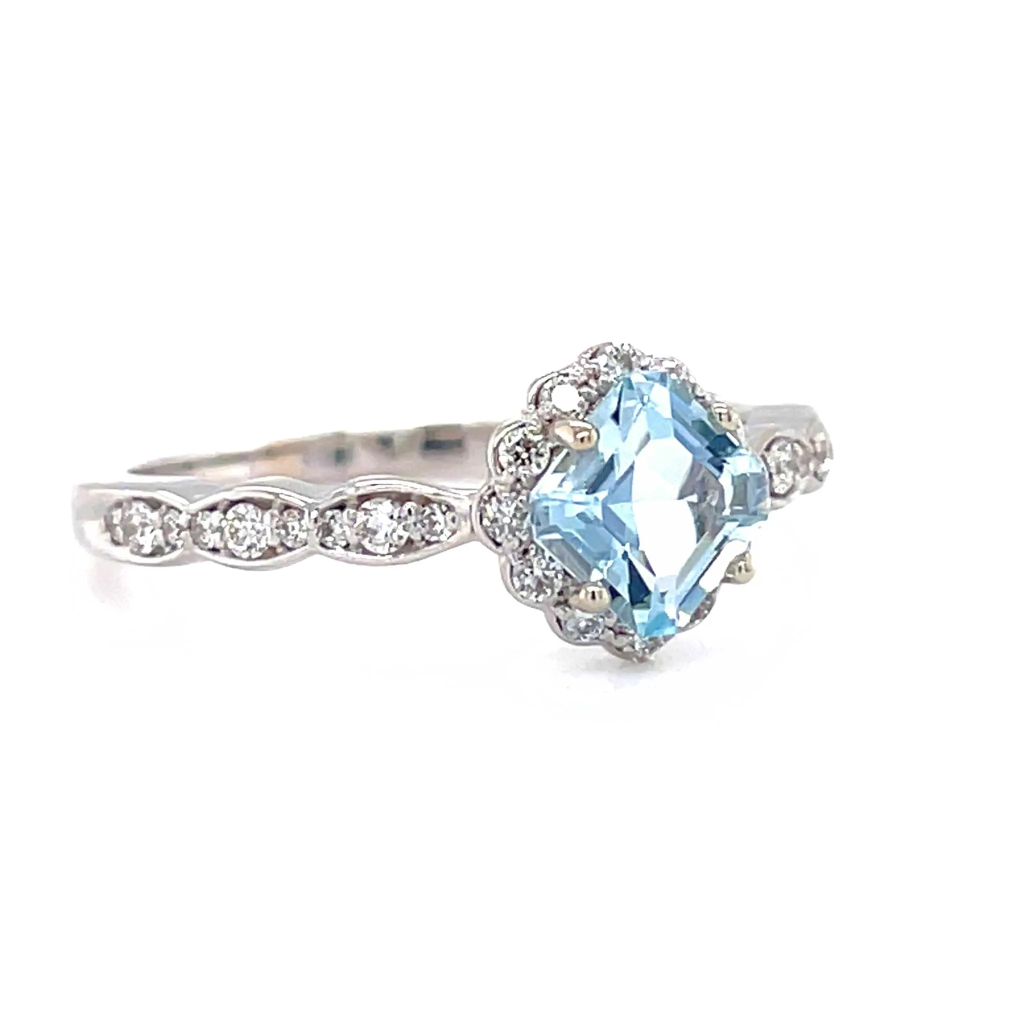 Natural Aquamarine Engagement Ring Vintage Style Asscher Cut Aquamarine Ring Diamond Halo