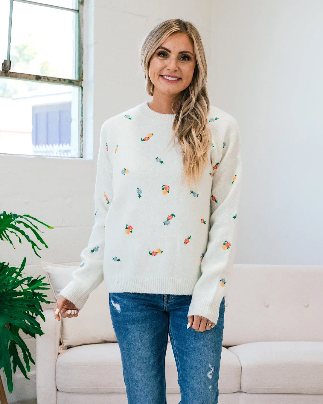 Nora Ivory Embroidered Daisy Sweater