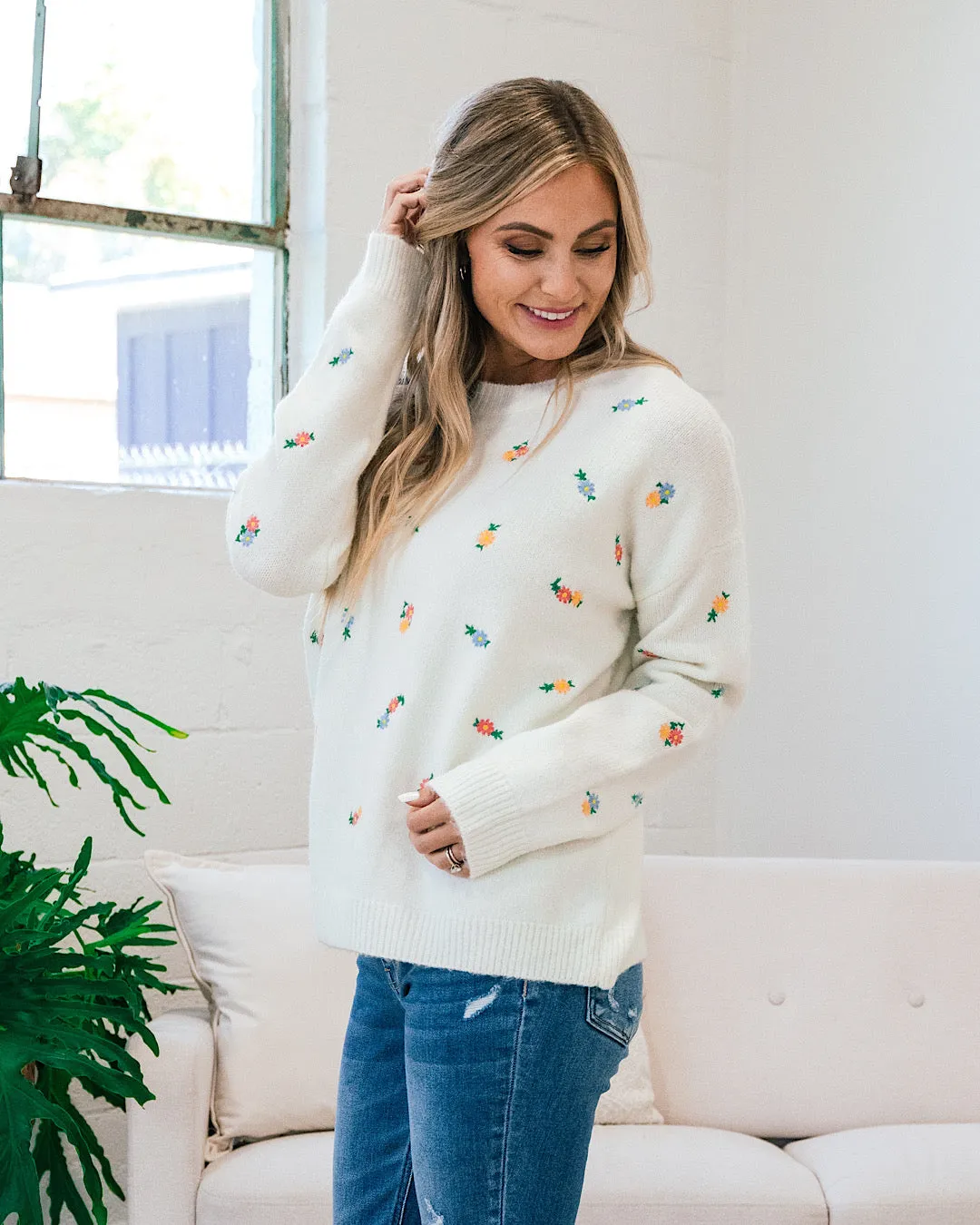 Nora Ivory Embroidered Daisy Sweater