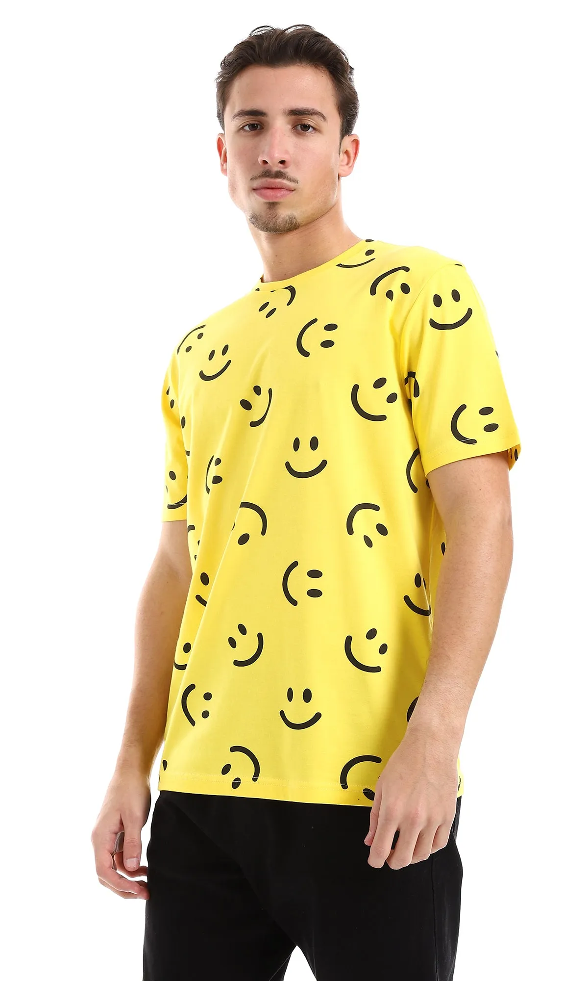 O164736 Smiles Patterned Slip On Cotton Tee - Yellow & Black