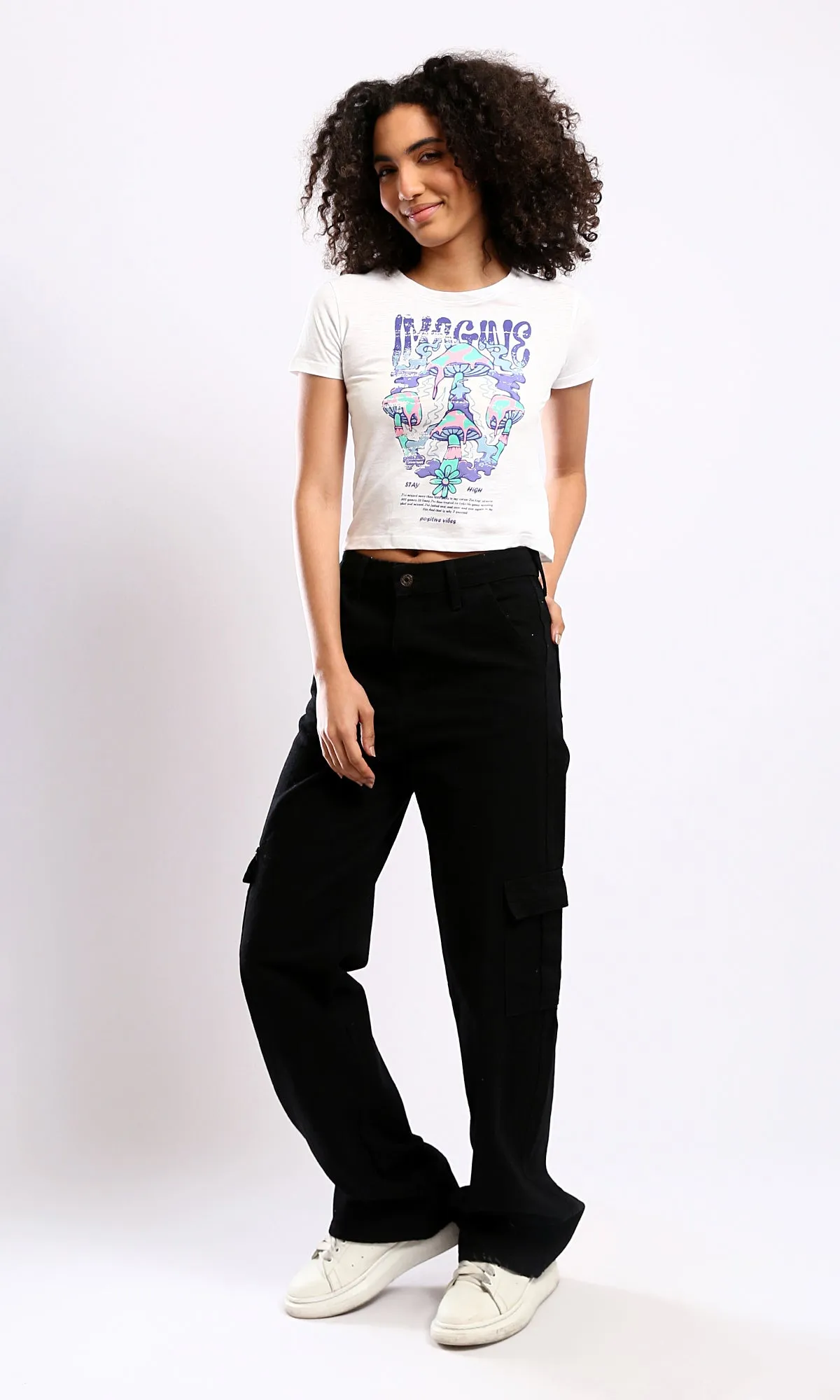 O178800 Front Print Casual Slip On White Summer Tee