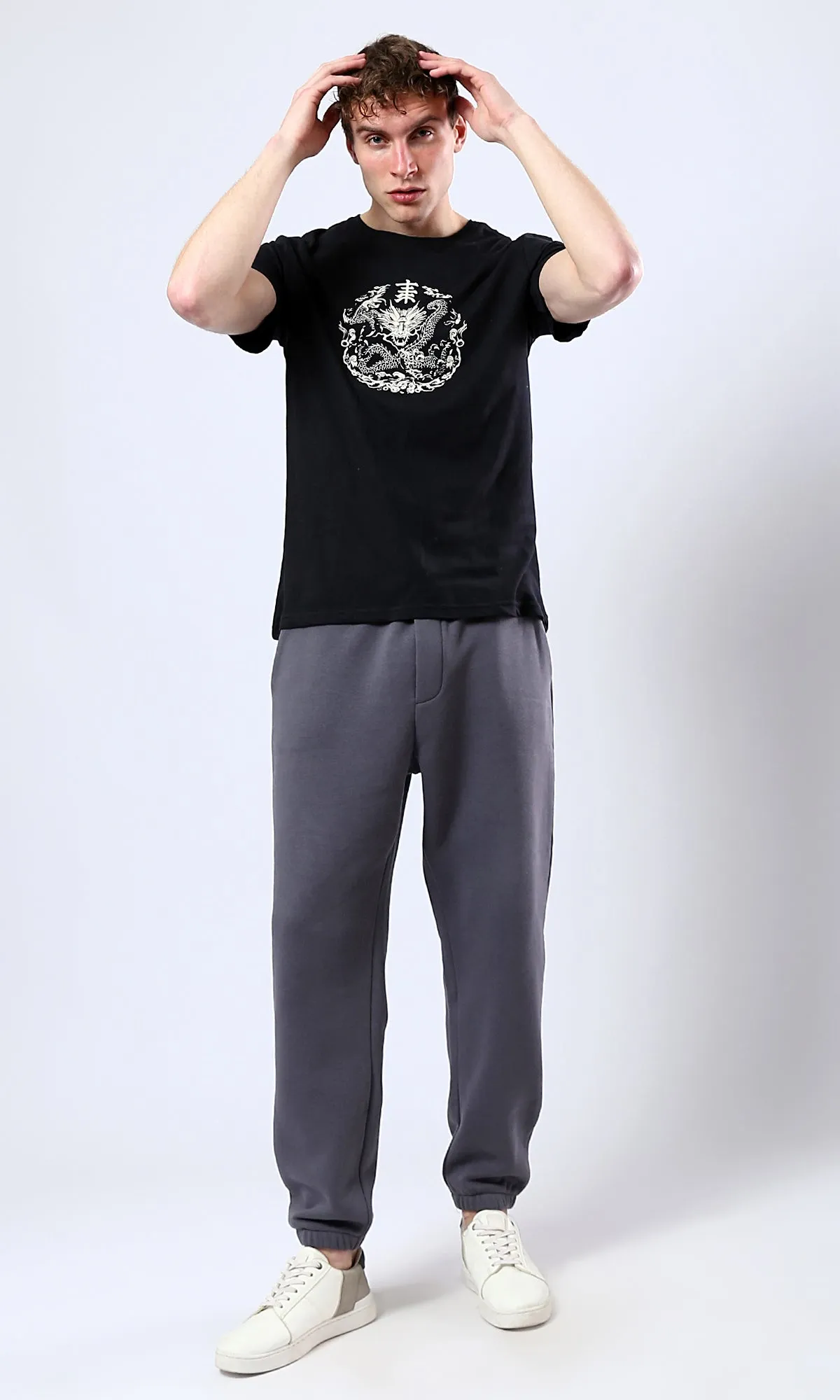 O178957 Casual Printed Regular Fit Black Tee