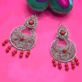 Oaxacan vintage Silver filigree earrings with coral , circa 1950-intricate design