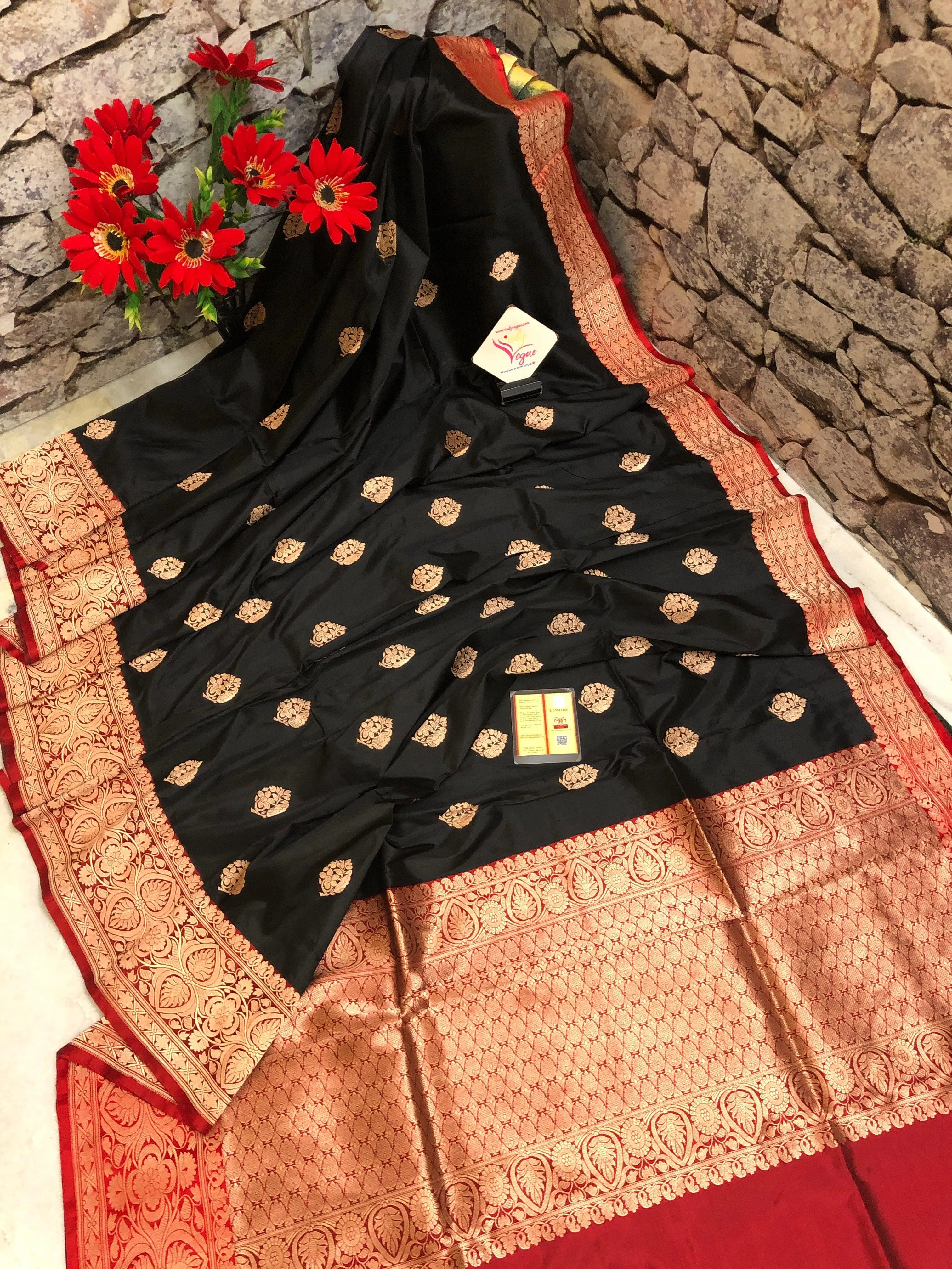 Obsidian Black and Royal Red Color Katan Banarasi Saree