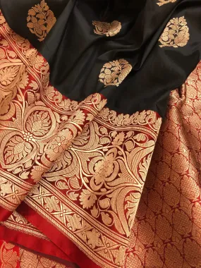 Obsidian Black and Royal Red Color Katan Banarasi Saree