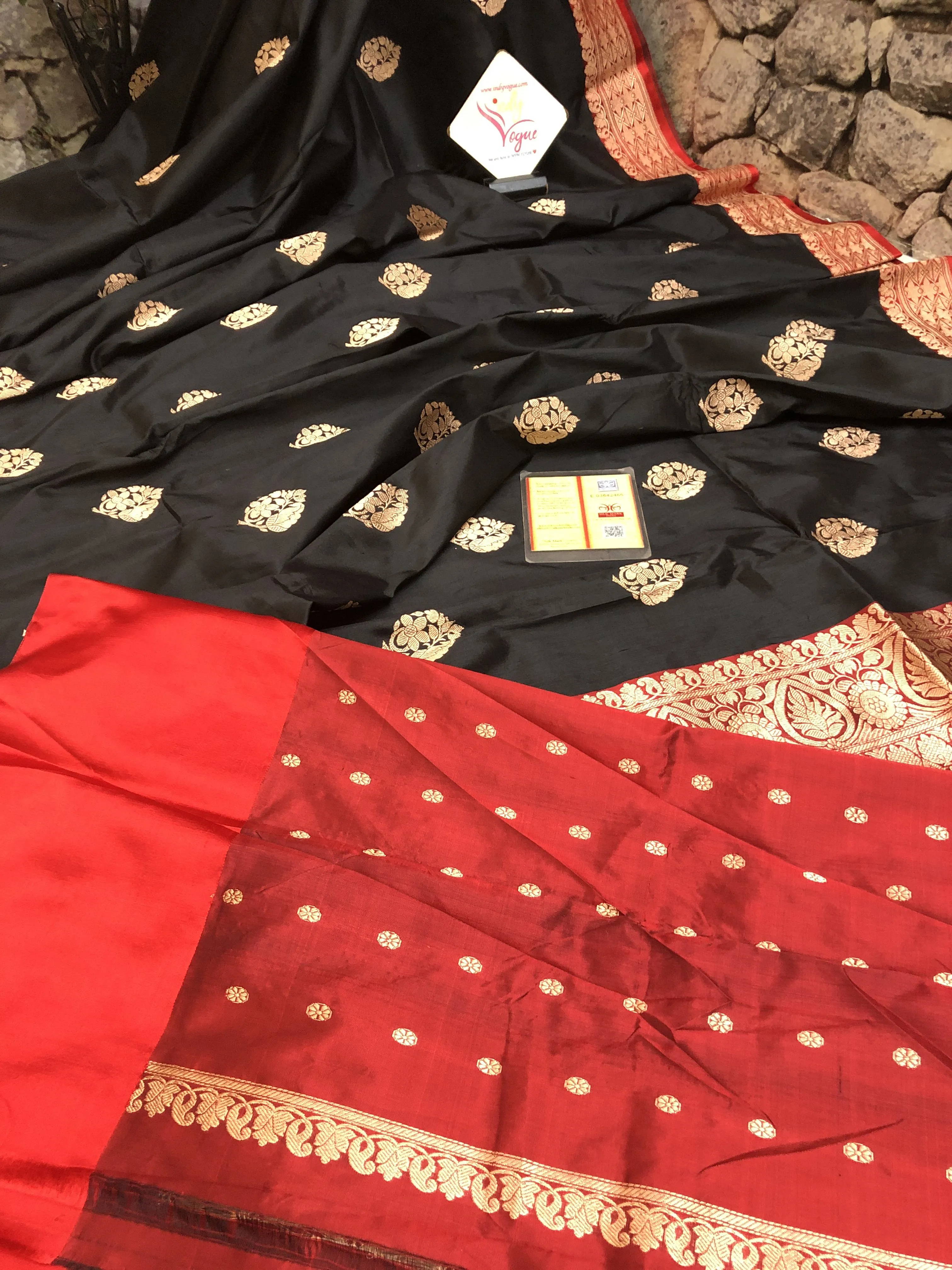 Obsidian Black and Royal Red Color Katan Banarasi Saree