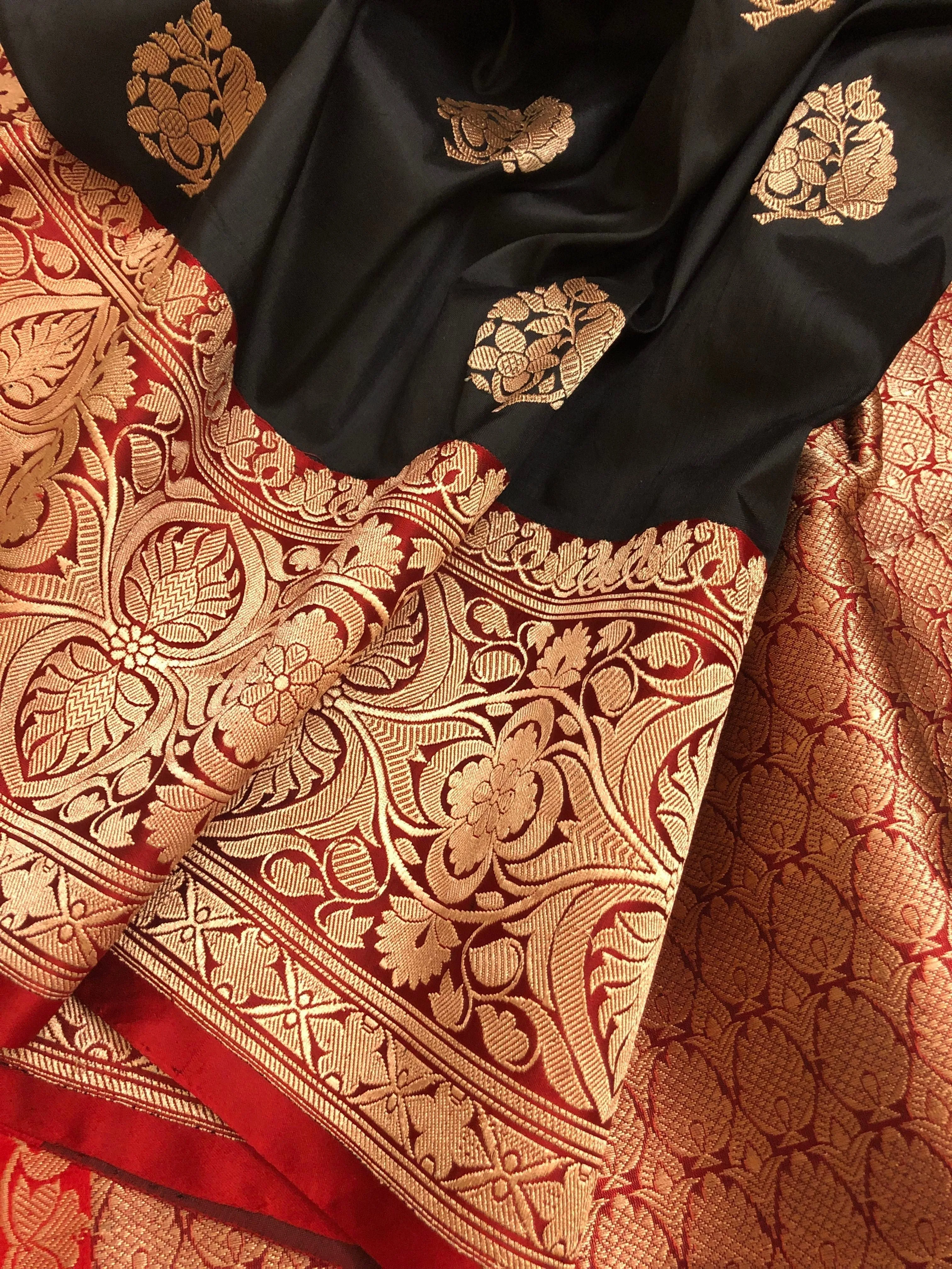 Obsidian Black and Royal Red Color Katan Banarasi Saree