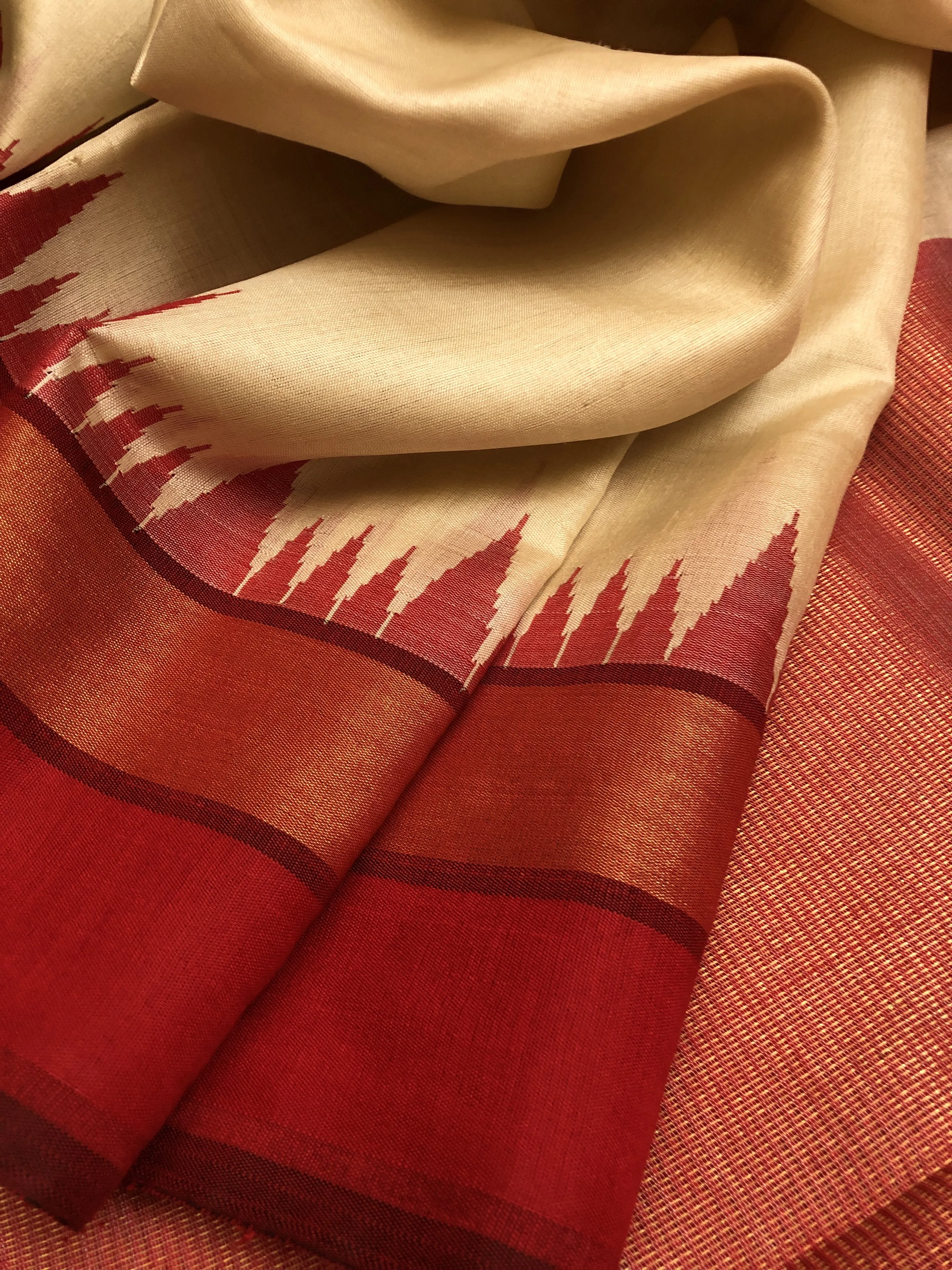 Offwhite and Red Color Tussar Silk Saree