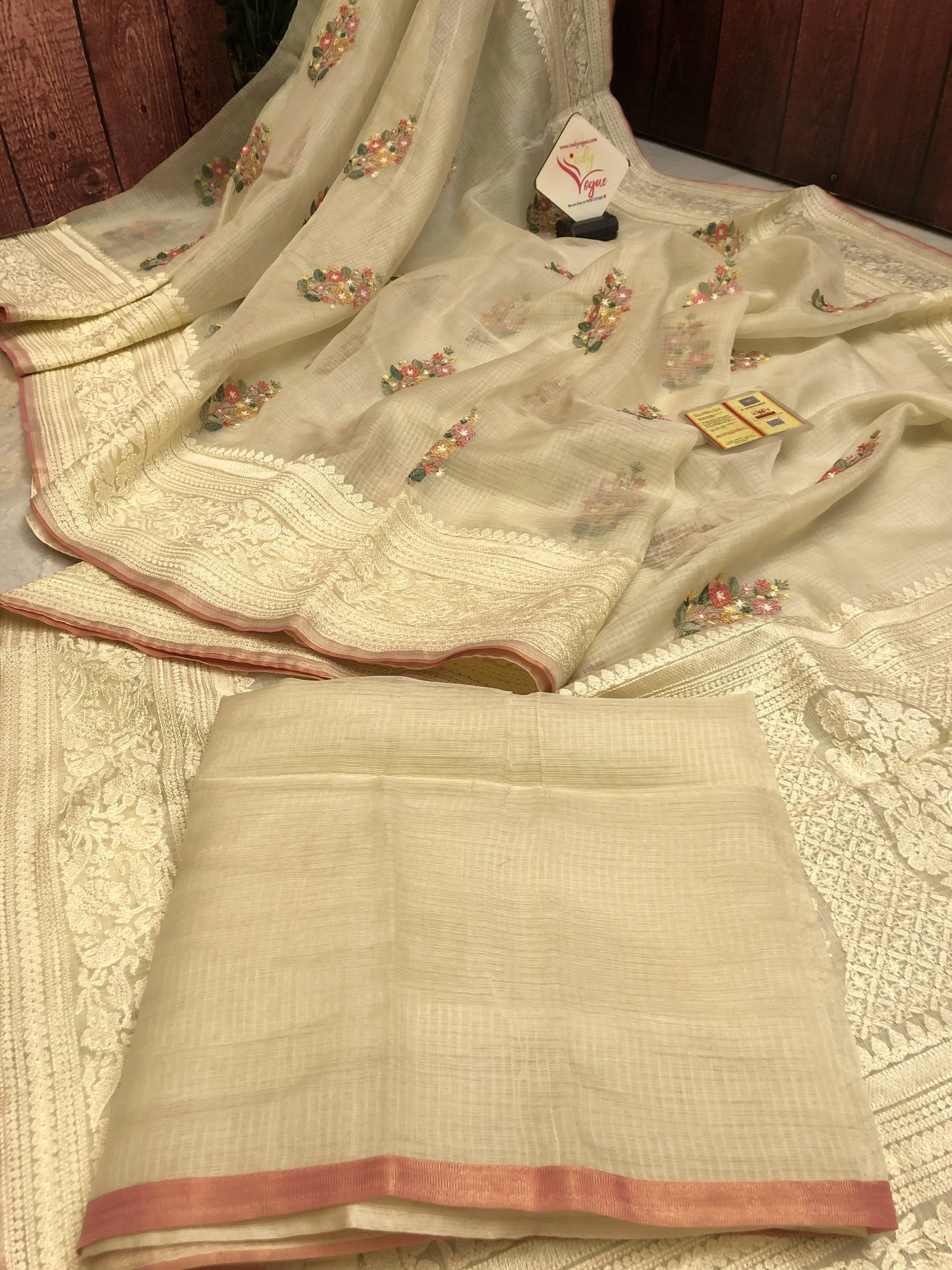 Offwhite Color Pure Kora Designer Saree with Embroidery Work