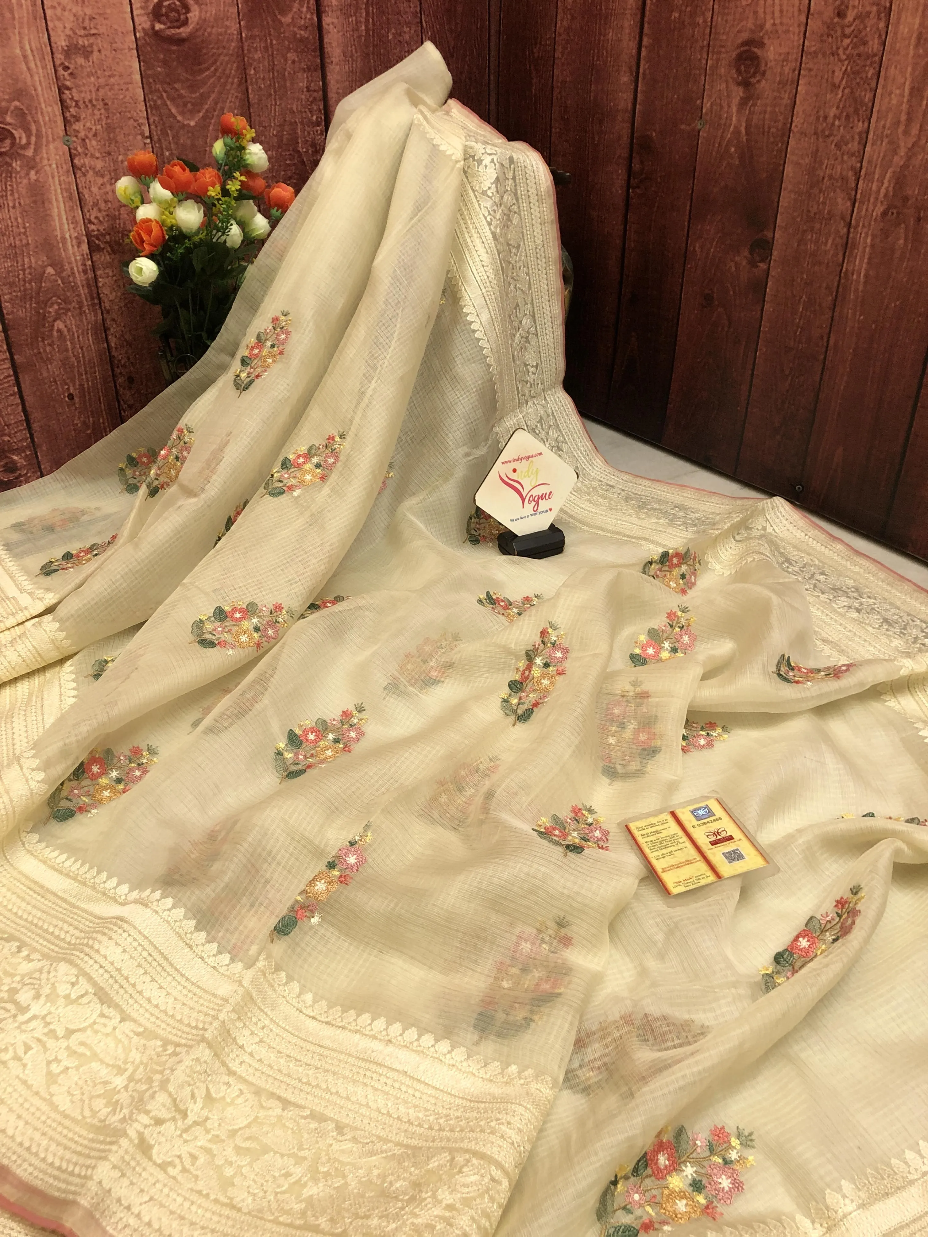 Offwhite Color Pure Kora Designer Saree with Embroidery Work