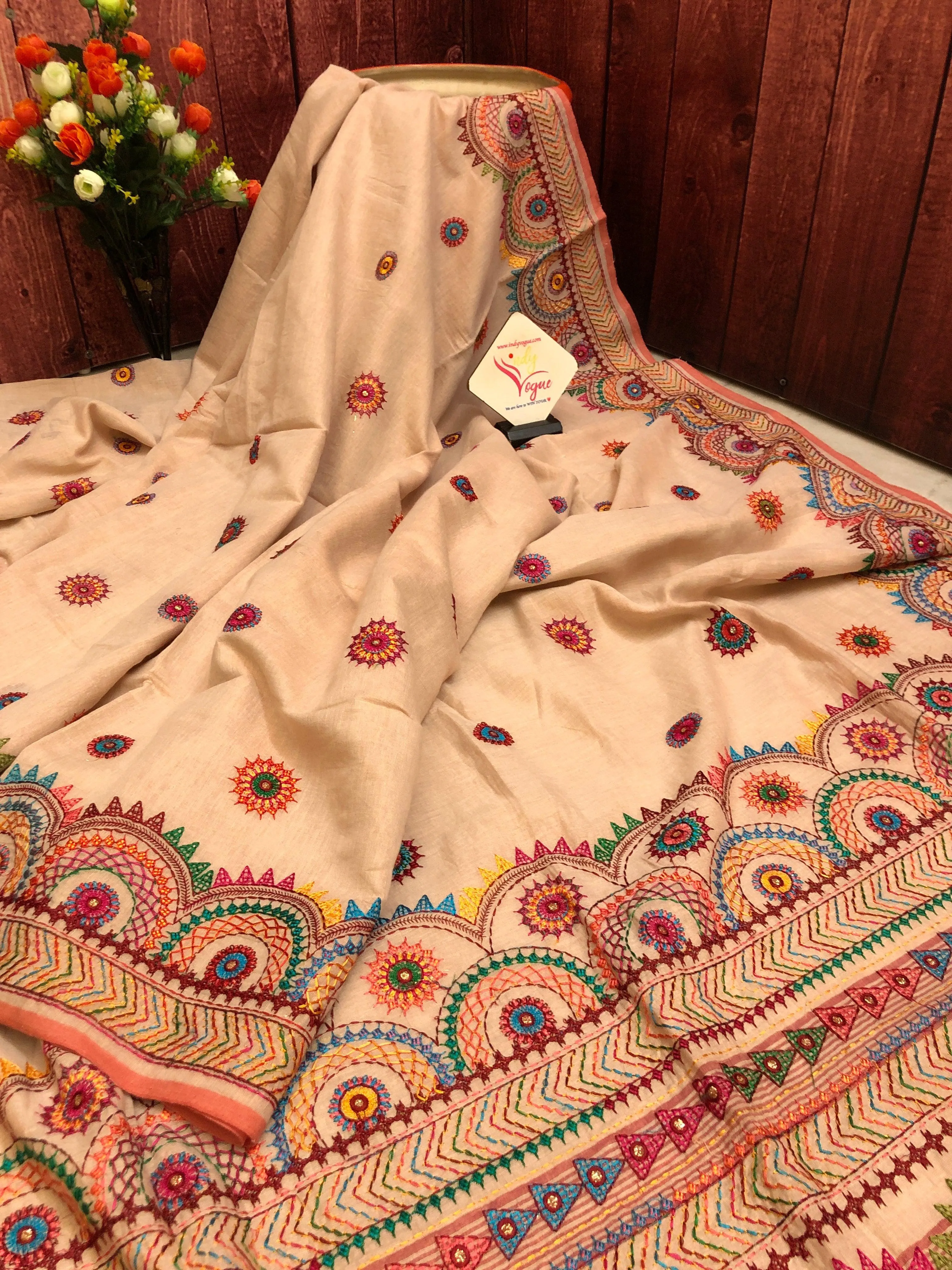 Peach Color Tissue Cotton Designer Saree with Lambani Embroidery