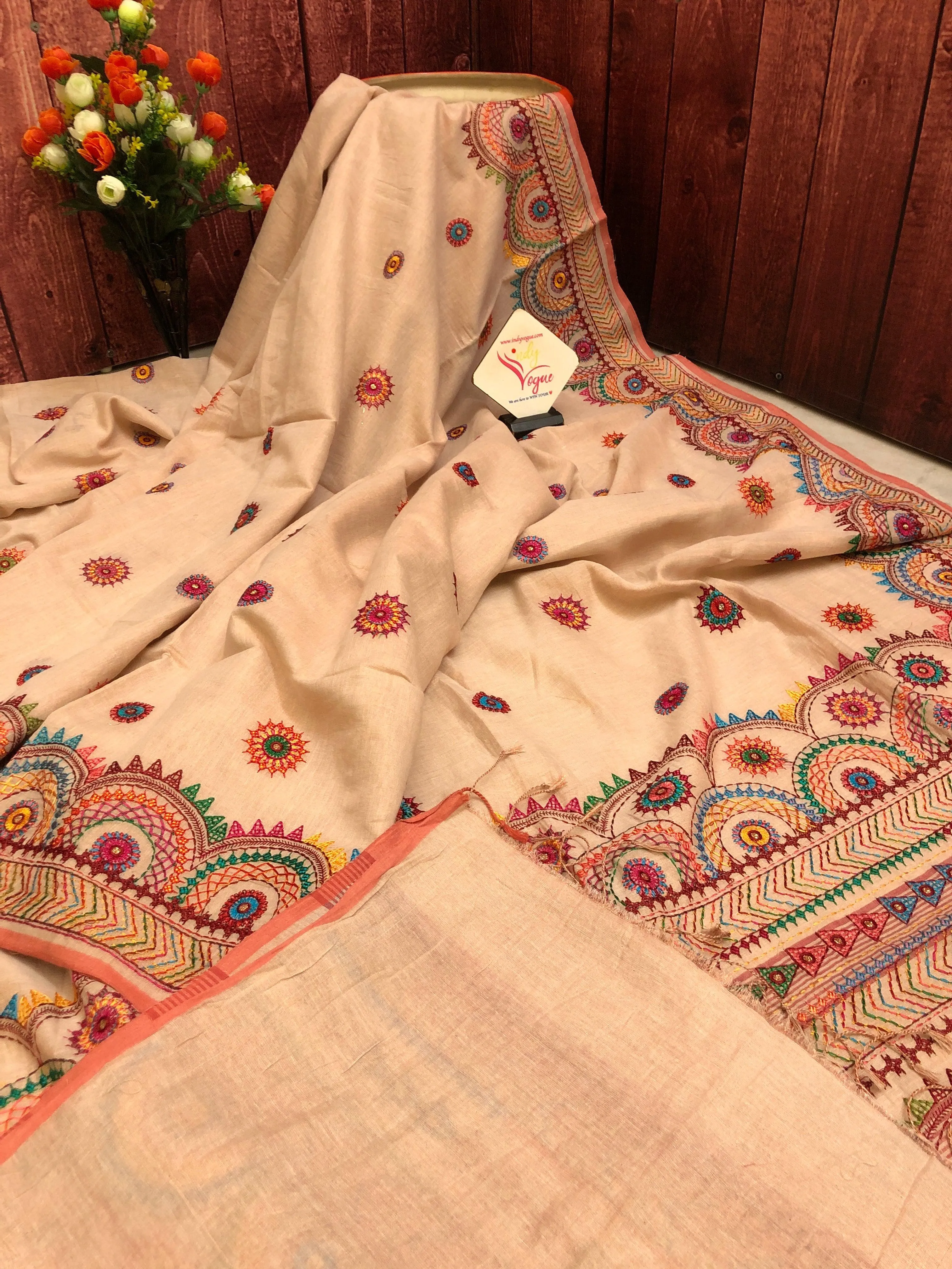 Peach Color Tissue Cotton Designer Saree with Lambani Embroidery