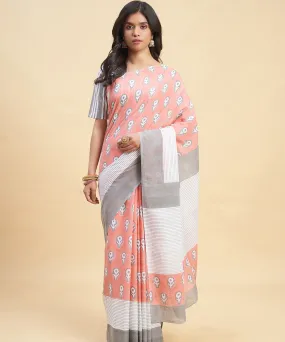 Peach grey hand block sanganeri printed cotton saree