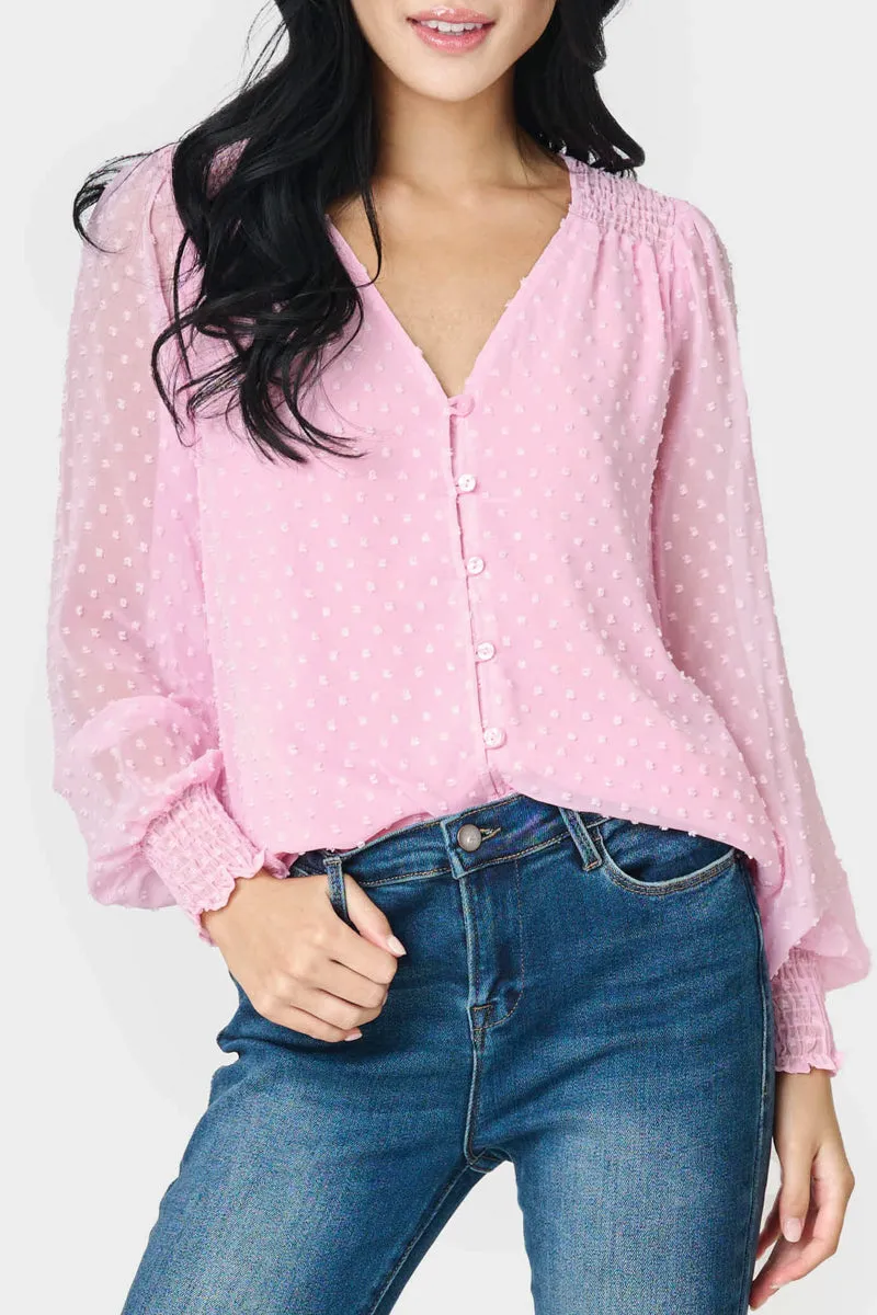 Pin Dot Smocked Detail V-Neck Blouse